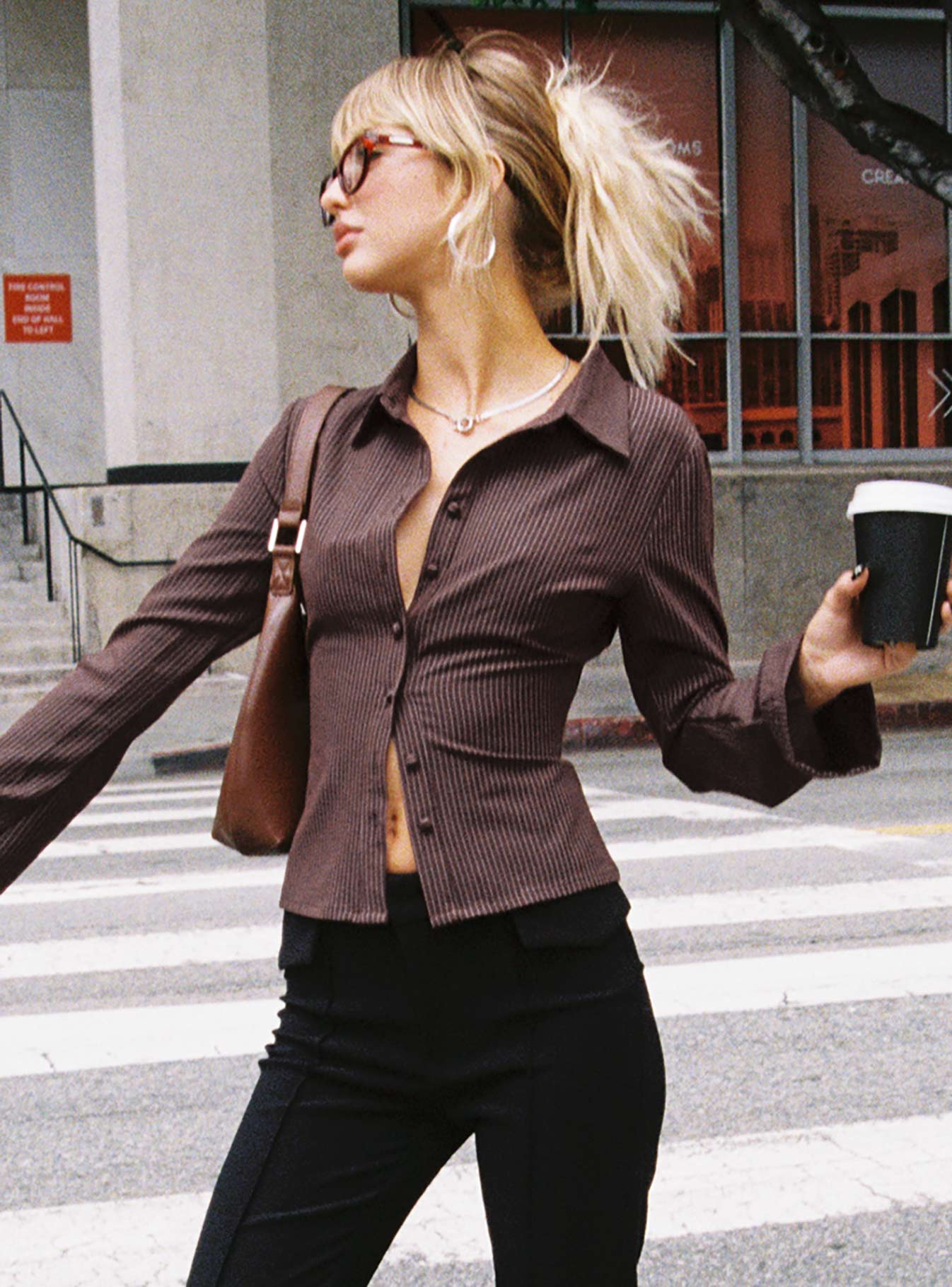 Anni Pinstripe Shirt Brown - women's shirt by Ellevoria - view 7