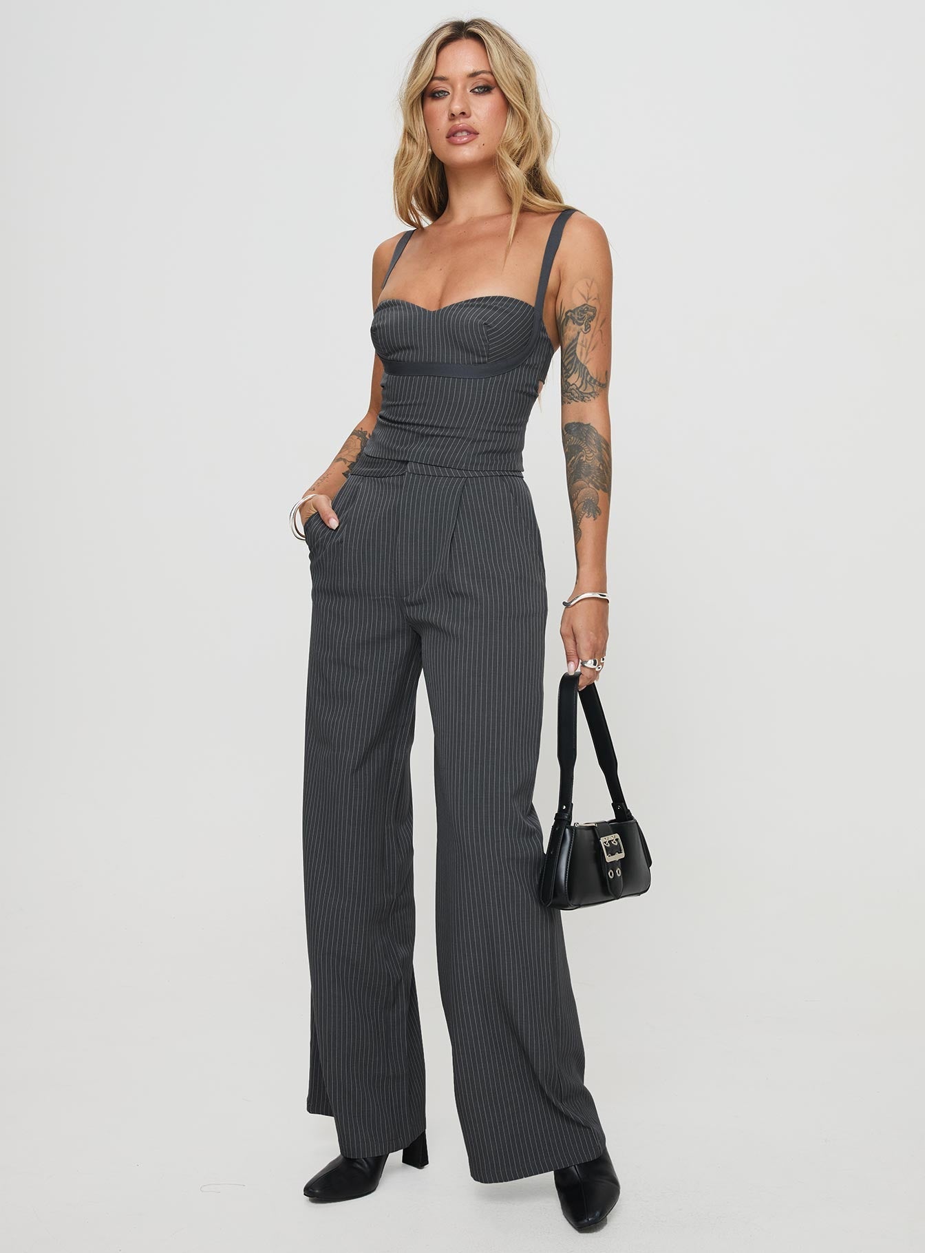 Briana Set Charcoal Pinstripe women's pant set by Ellevoria