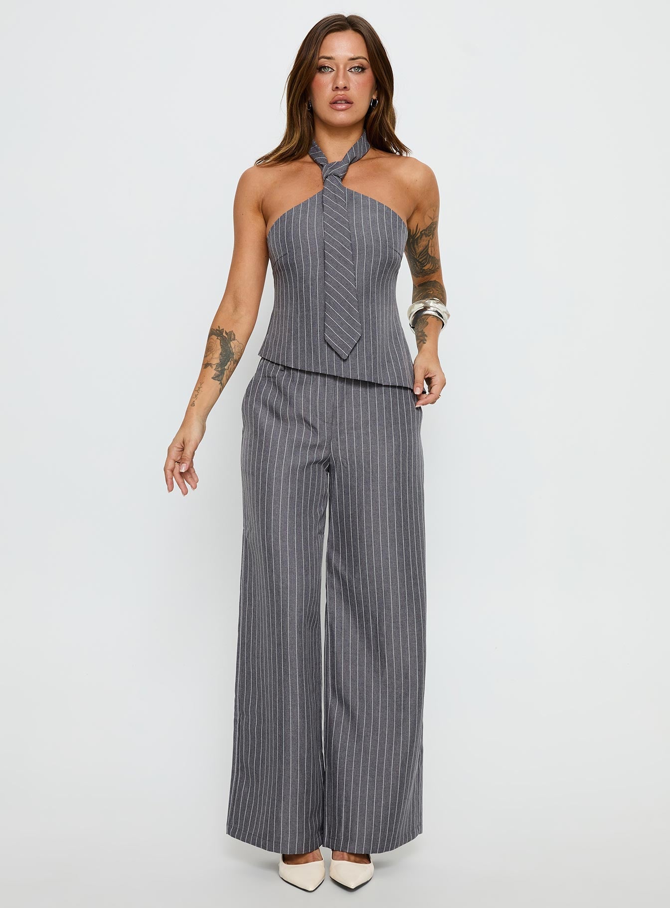 Uvelia Tailored Pants Grey Pinstripe - loose fit women's bottoms by Ellevoria
