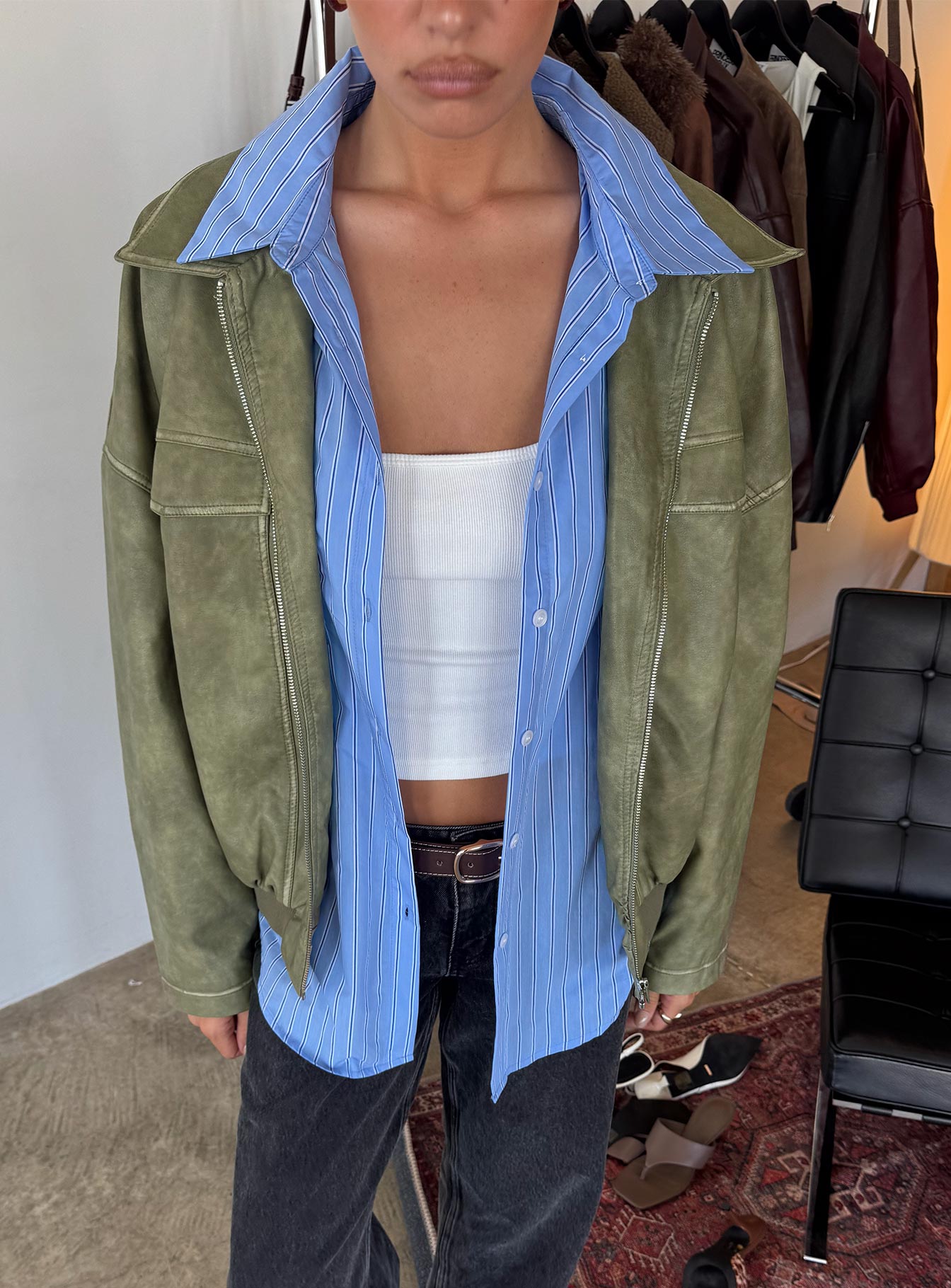 Tanza Faux Leather Jacket Washed Green women's jacket by Ellevoria