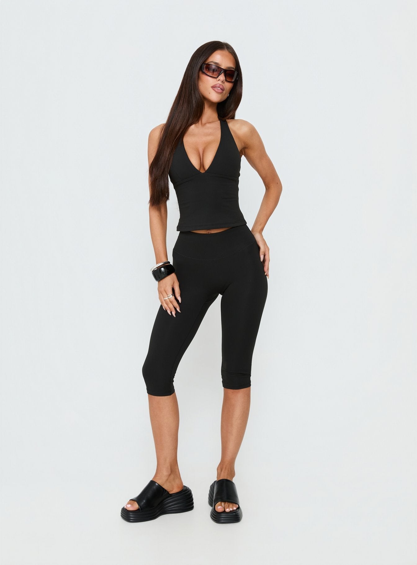 Habitual Active Longline Plunge Neck Tank Top Black - women's top by Ellevoria - view 3