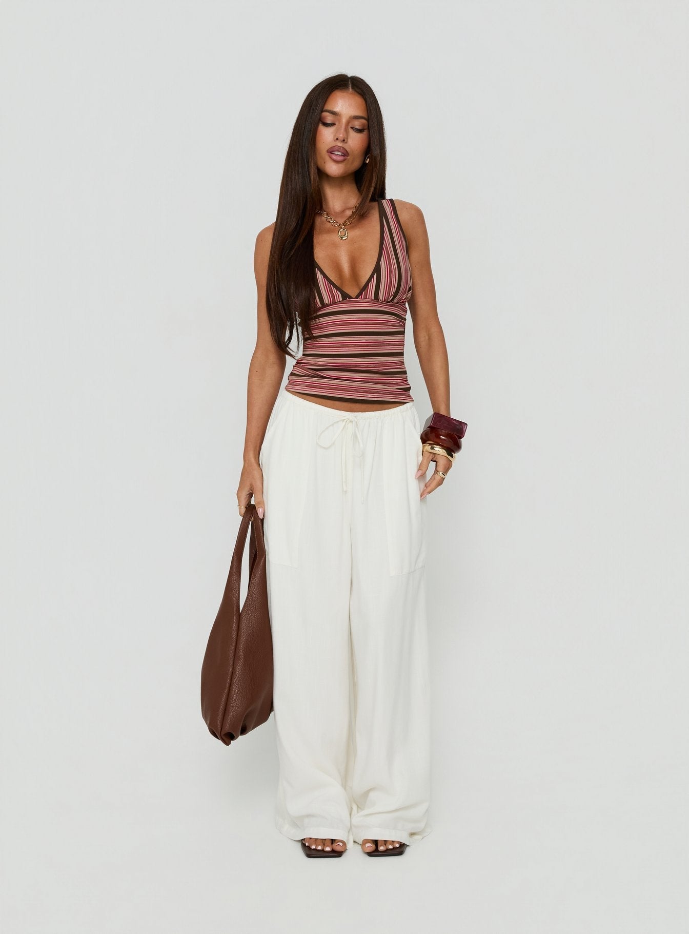 Alyza V Neck Tank Brown / Red Stripe - women's top by Ellevoria - view 3