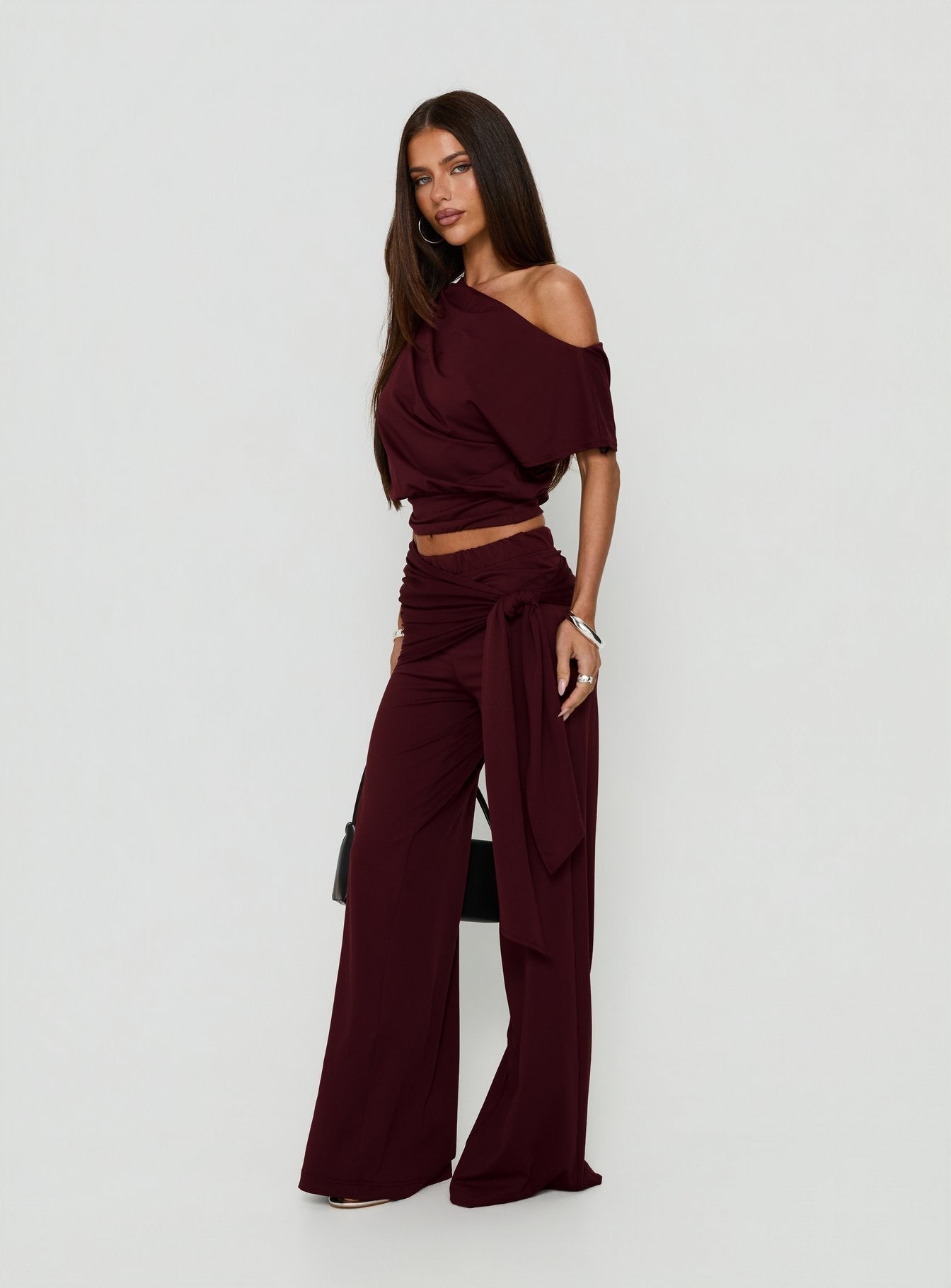 Hadlia Tie Waist Pants Burgundy women's pant set by Ellevoria