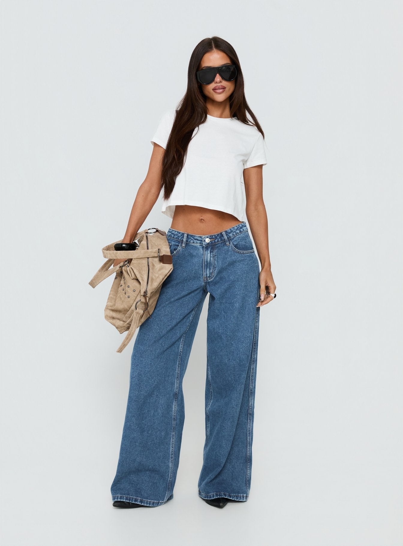 Ramos Low Rise Wide Leg Jeans Mid Blue Wash women's denim jeans by Ellevoria
