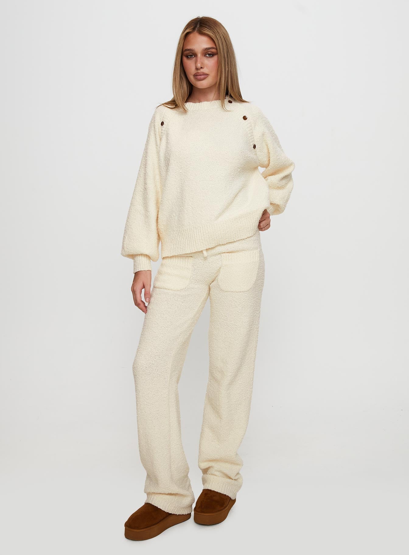 Susi Fluffy Knit Pant Ivory women's pant set by Ellevoria