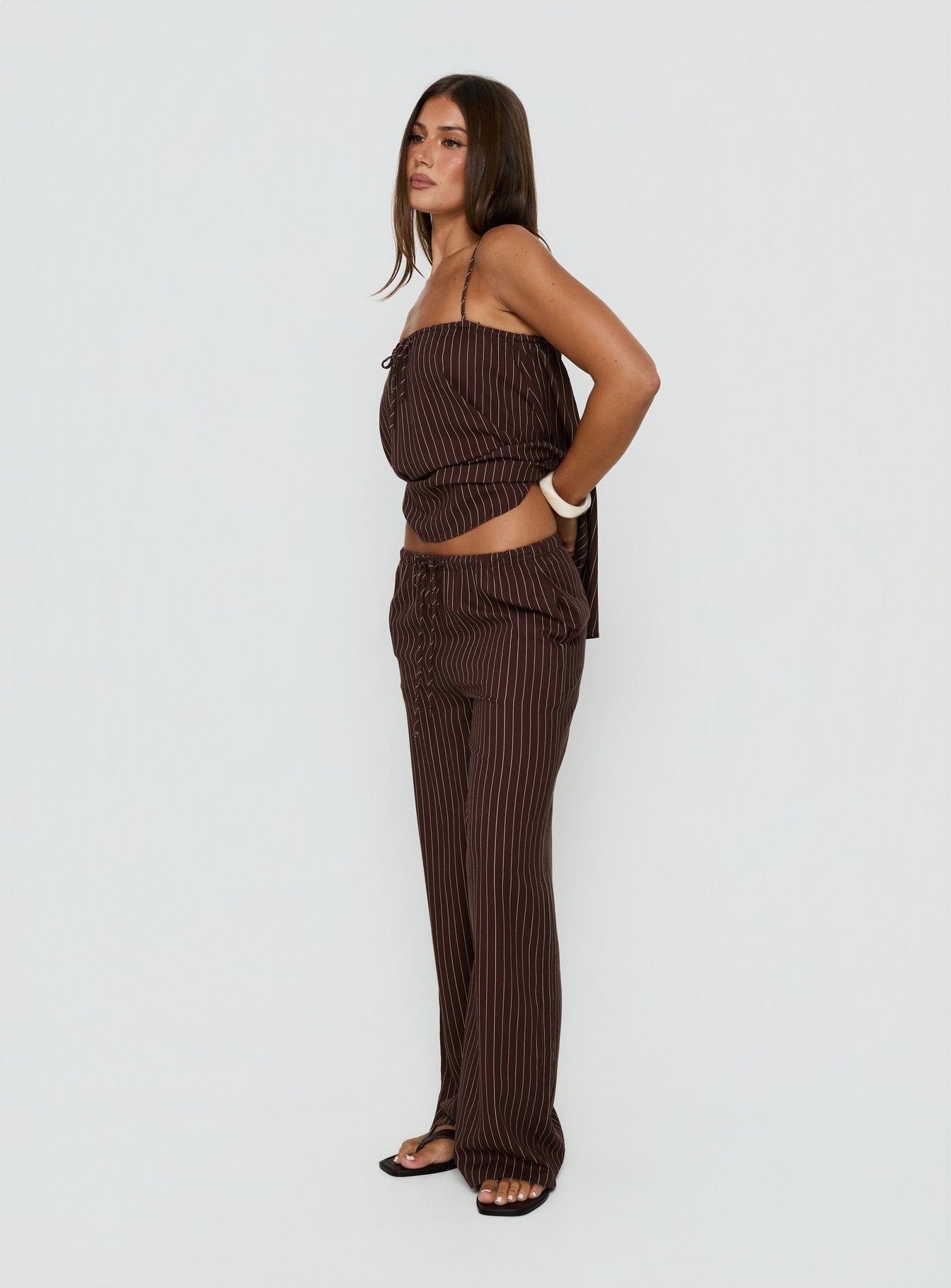 Amibella Mid Rise Wide Leg Pants Brown / Cream Stripe - loose fit women's bottoms by Ellevoria