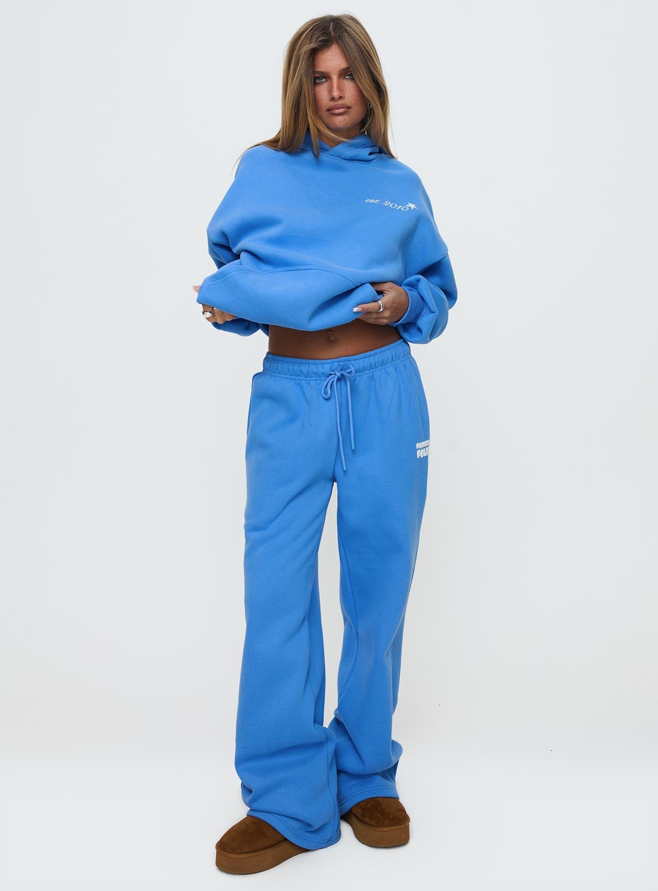 Princess Polly Wide Leg Track Pant Bubble Text Blue women's pant set by Ellevoria