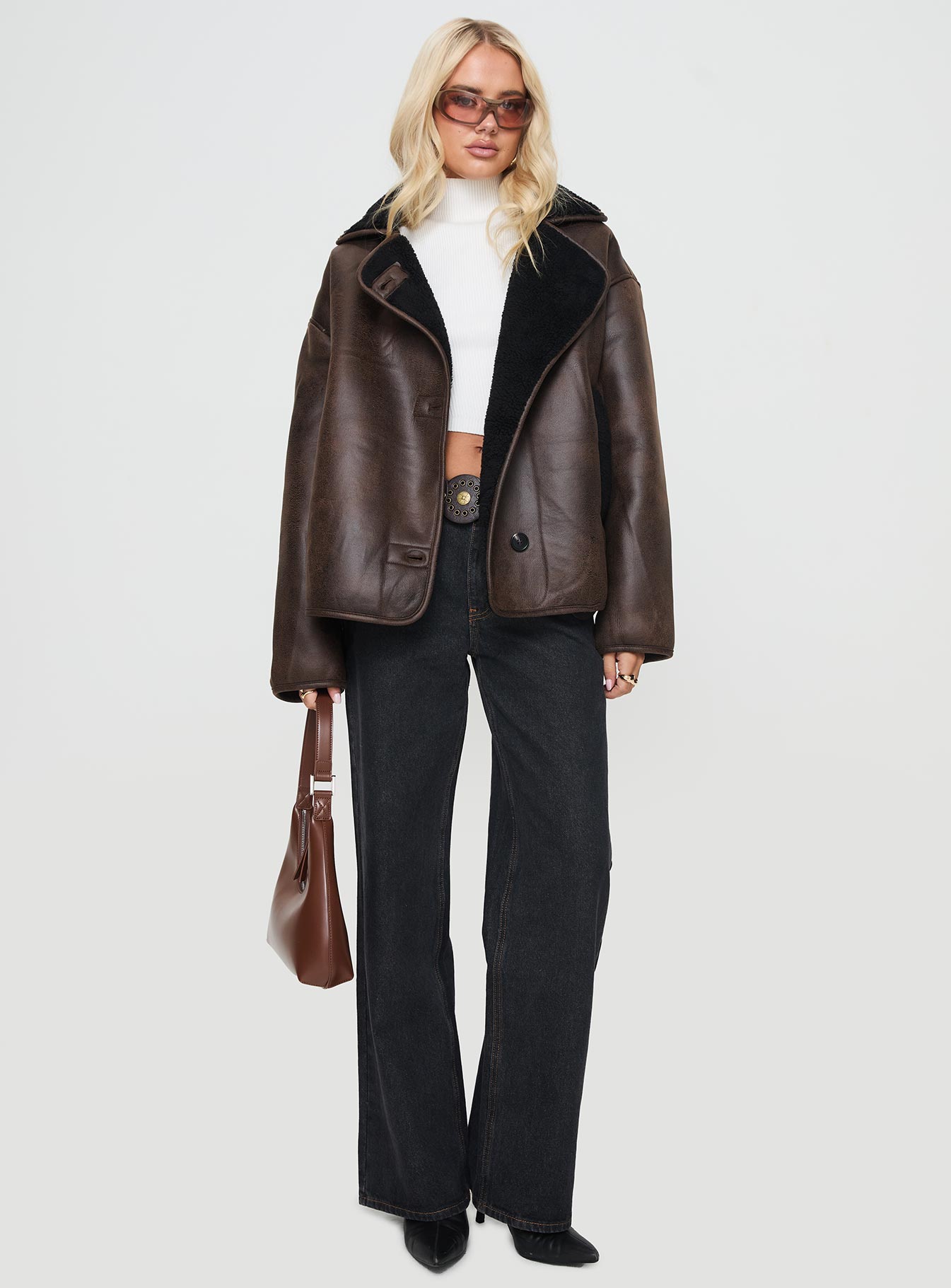 Nunez Faux Leather Jacket Washed Brown / Black women's jacket by Ellevoria
