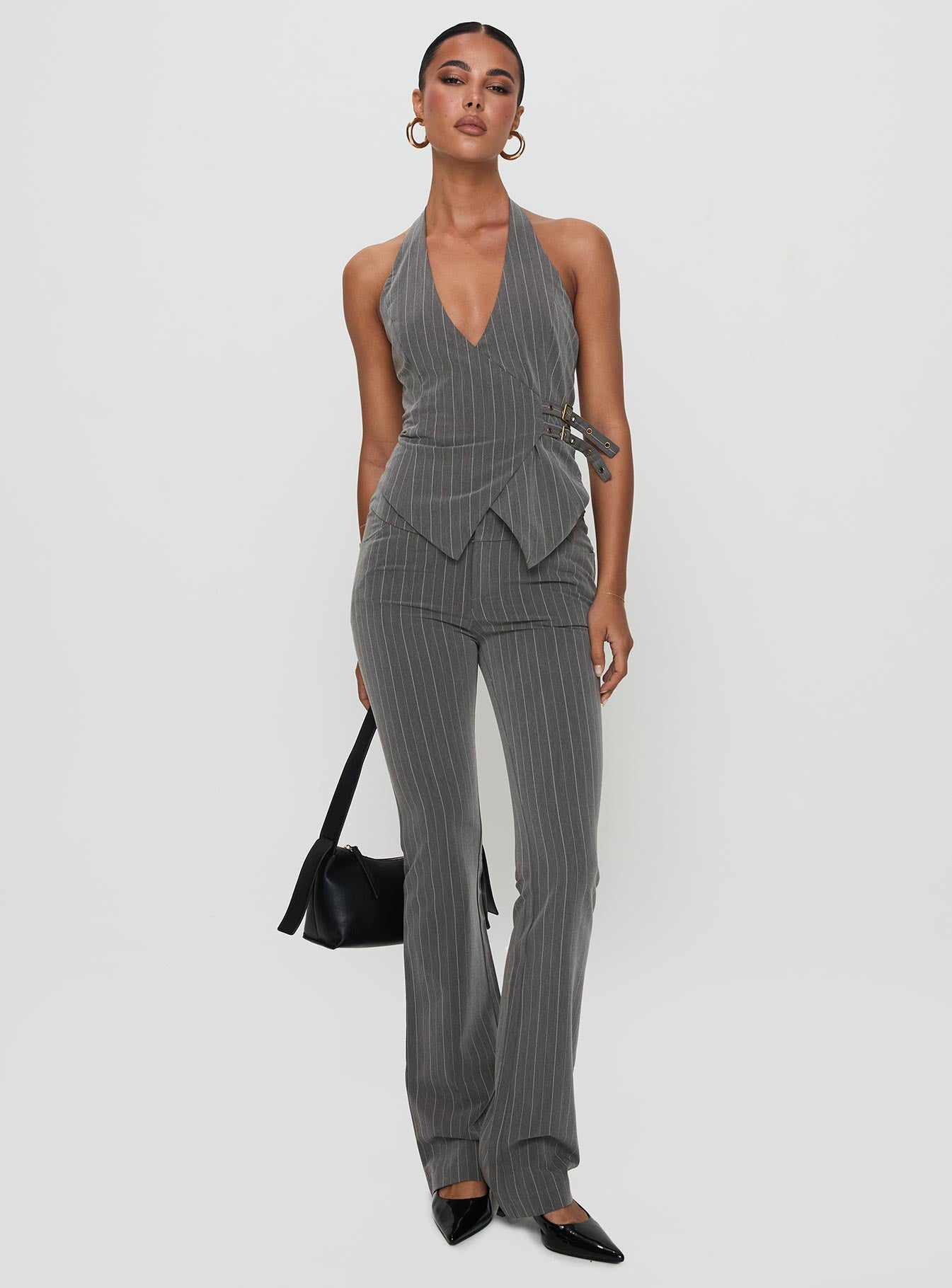 Calexico Buckle Pant Grey Pinstripe women's pant set by Ellevoria