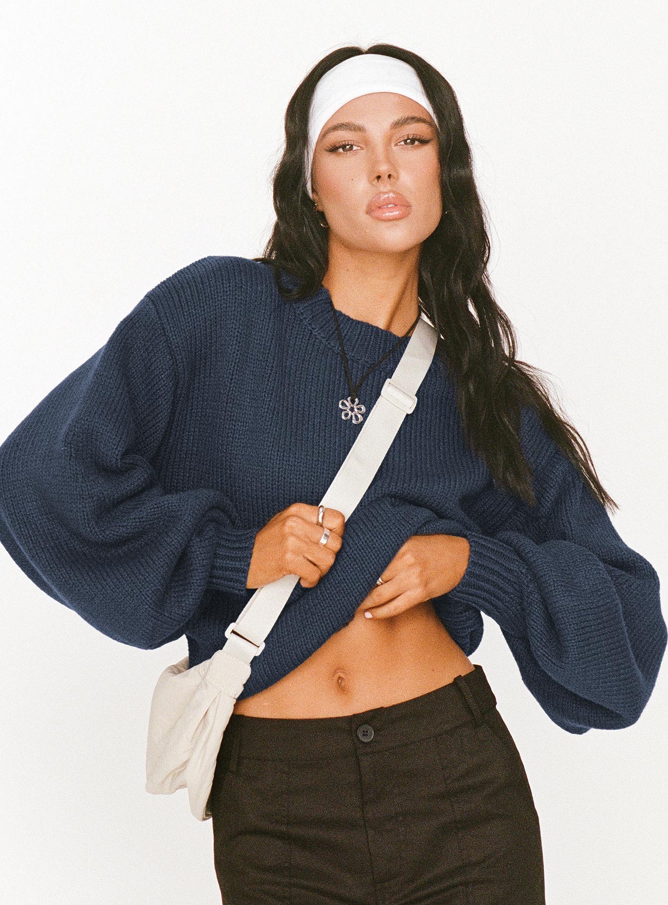 Harmony Balloon Sleeve Knit Sweater Navy women's sweater by Ellevoria
