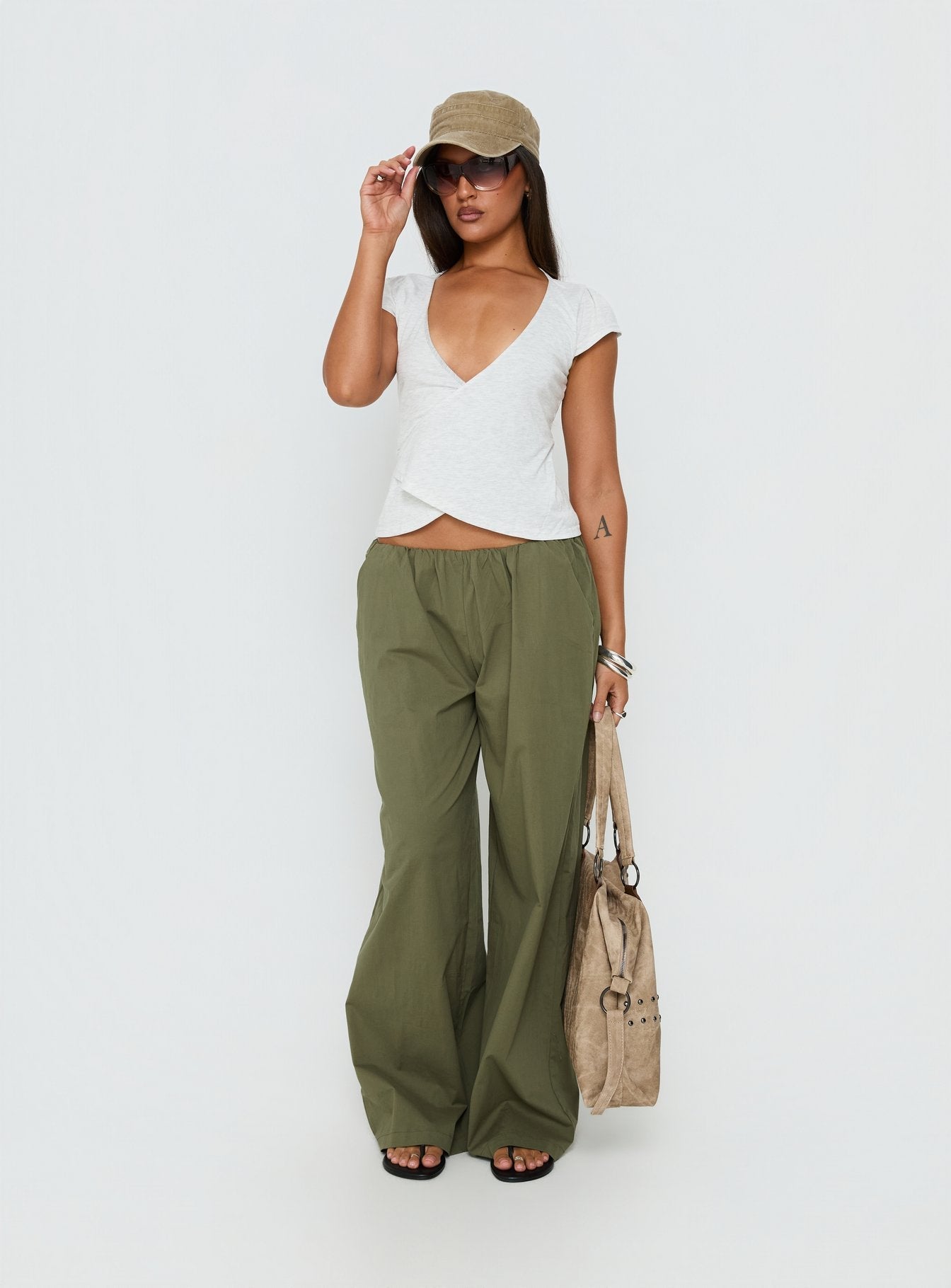Lunea Concealed Waistband Pants Khaki - loose fit women's bottoms by Ellevoria