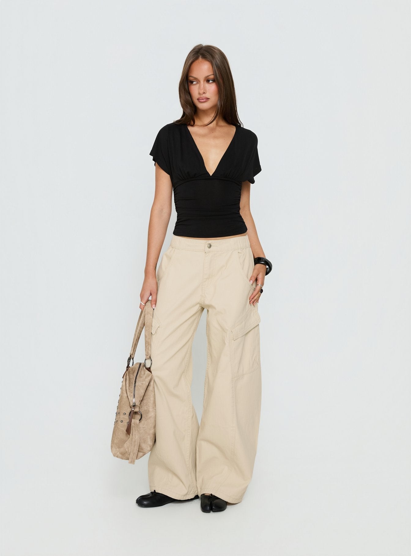 Selective Memory Low Rise Wide Leg Cargo Pants Cream - loose fit women's bottoms by Ellevoria