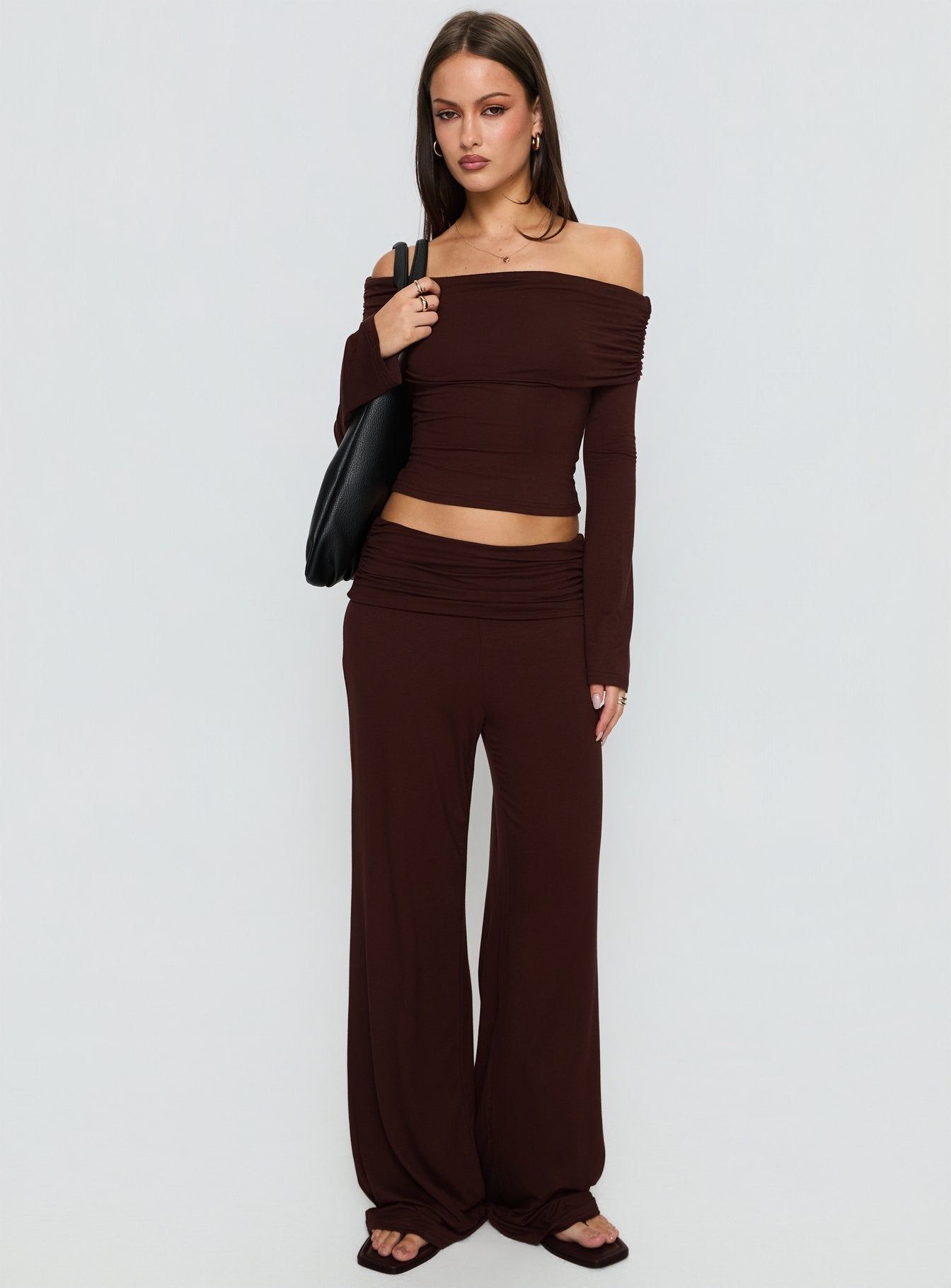 Fawne Ruched Folded Pants Brown women's pant set by Ellevoria
