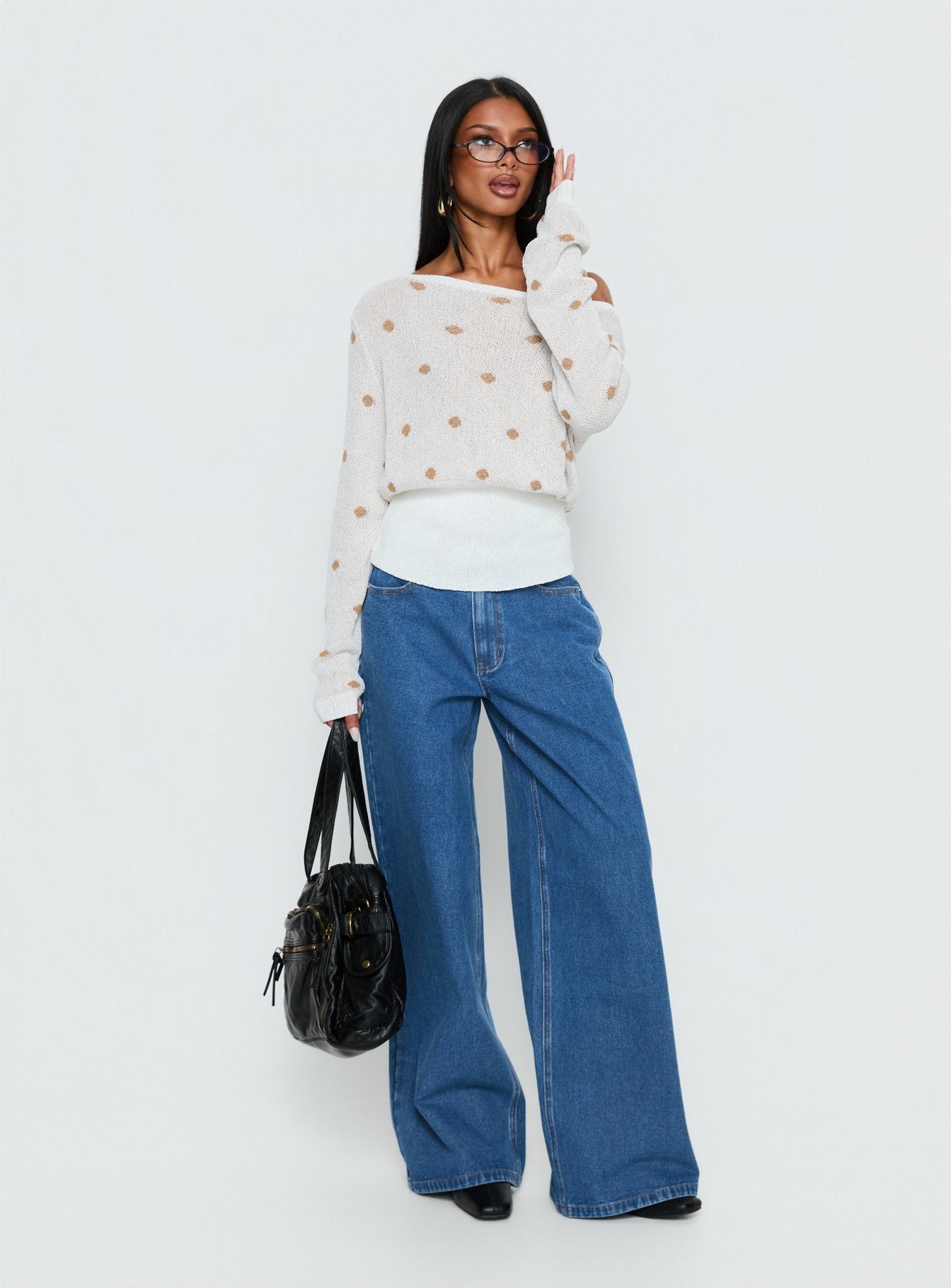 Harvy Off Shoulder Knit Sweater White Polka women's sweater by Ellevoria