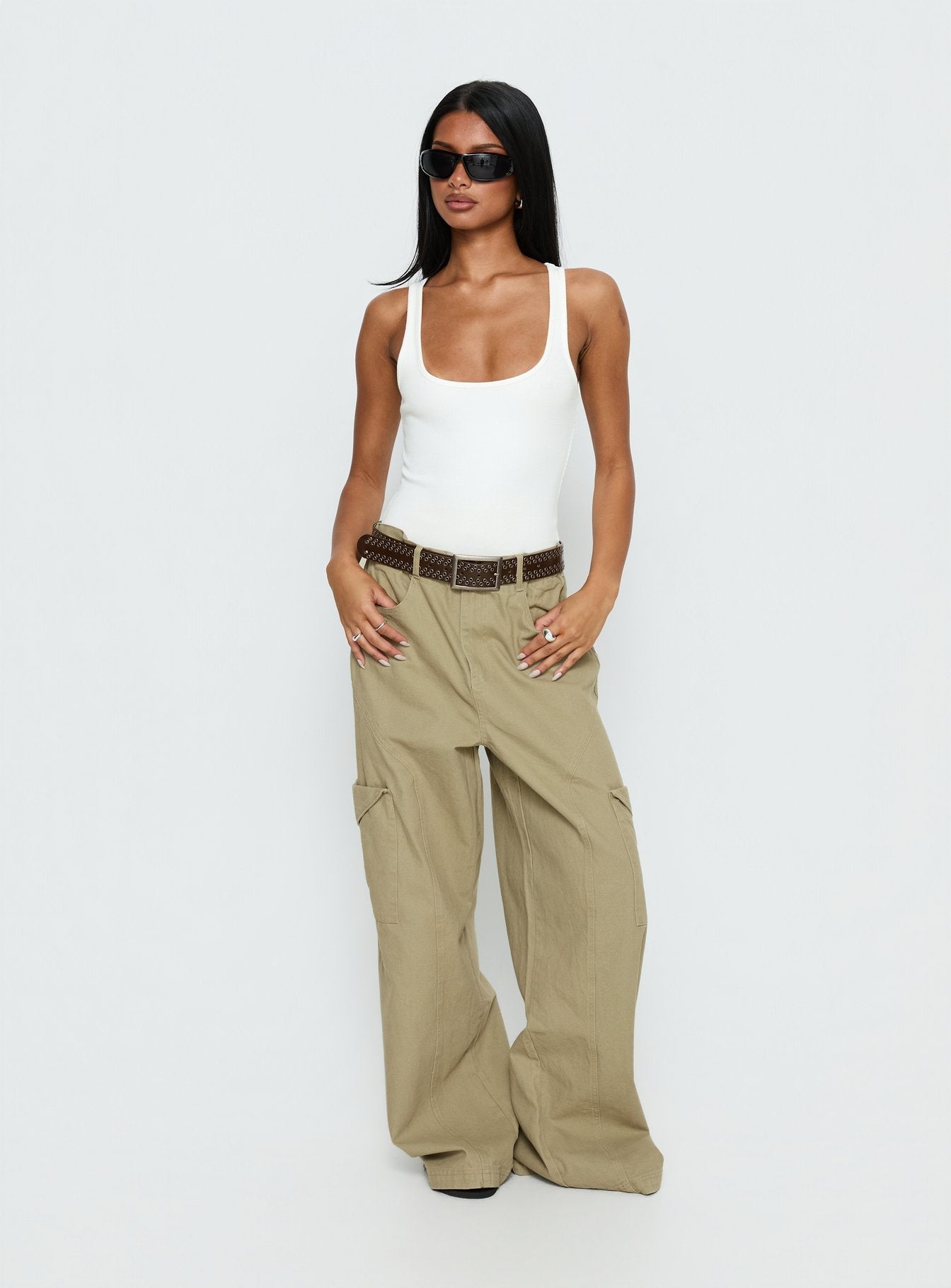 Sylene Pocket Detail Cargo Pants Khaki - loose fit women's bottoms by Ellevoria