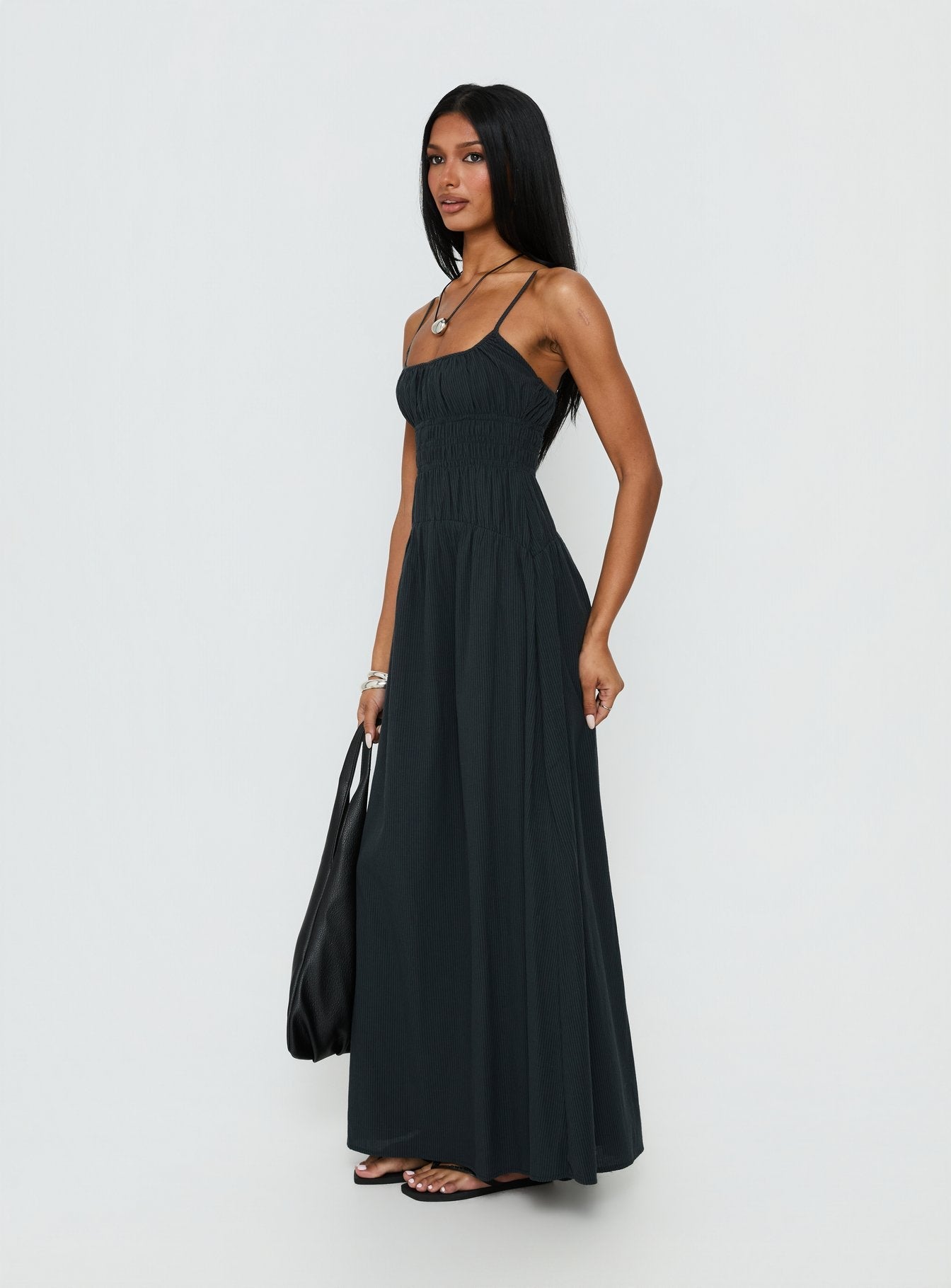 Magnolie Shirred Maxi Dress Charcoal - women's maxi dress by Ellevoria - view 3