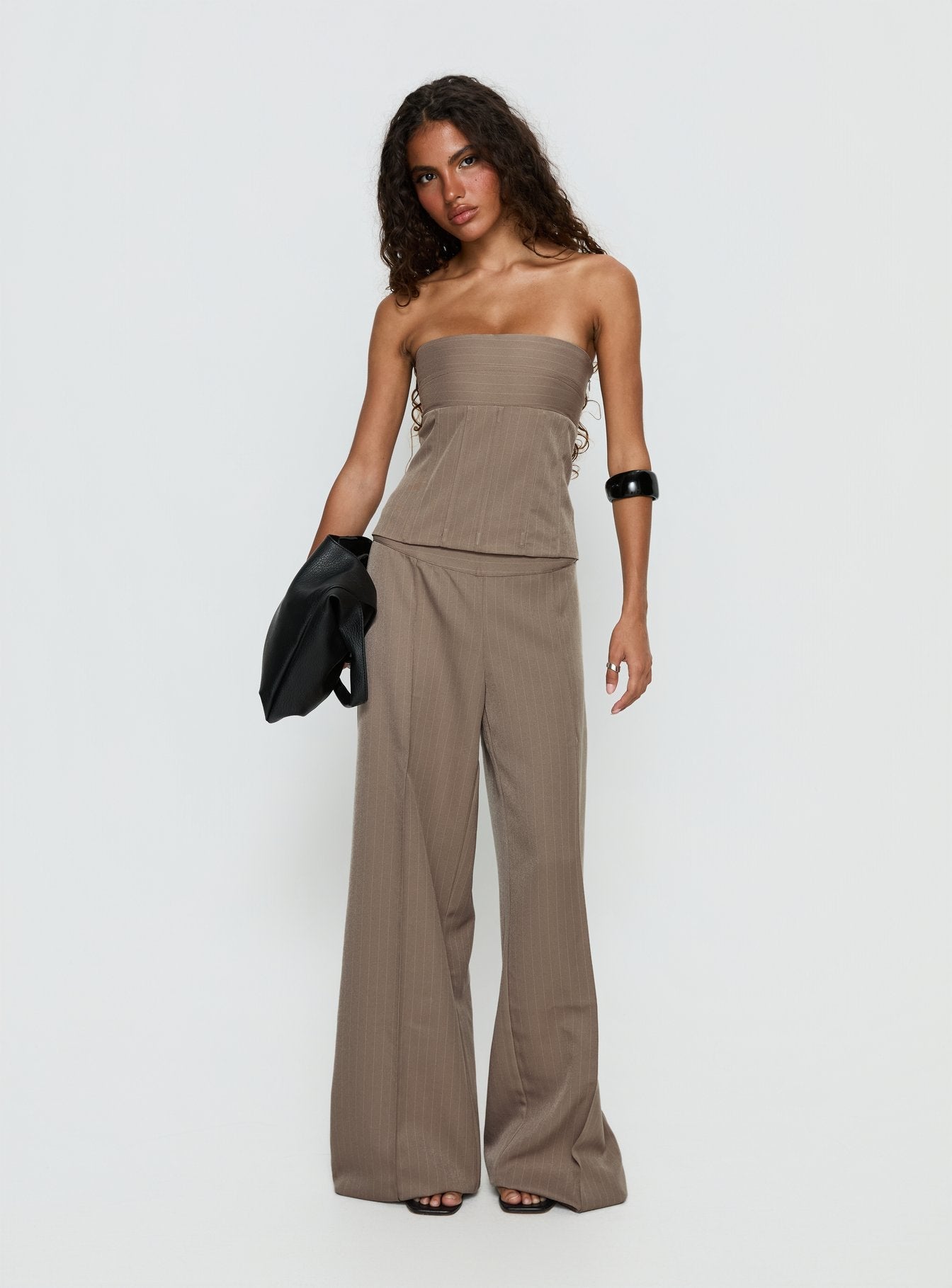 Madelle Strapless Tie Up Top Brown Pinstripe women's two piece set by Ellevoria