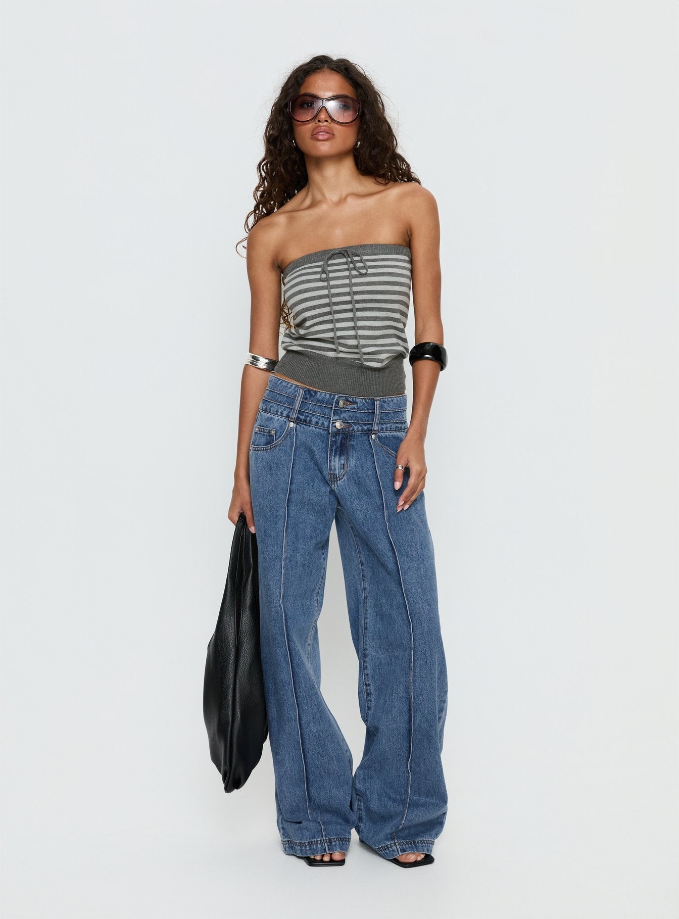 Hannalee Low Rise Wide Leg Jeans Mid Blue Wash women's denim jeans by Ellevoria