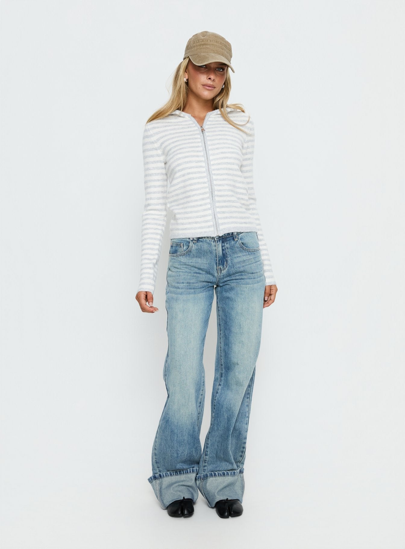 Superstars Zip Through Hoodie Grey / Cream Stripe women's sweater by Ellevoria