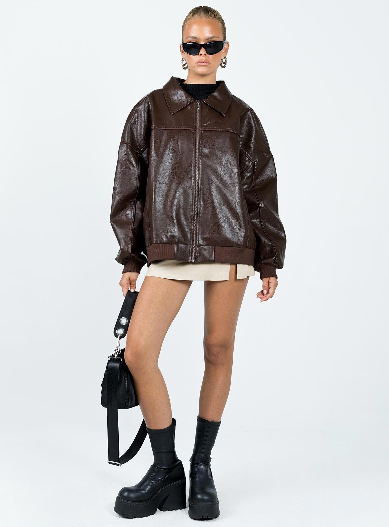 Goldsmith Faux Leather Bomber Jacket Brown women's jacket by Ellevoria