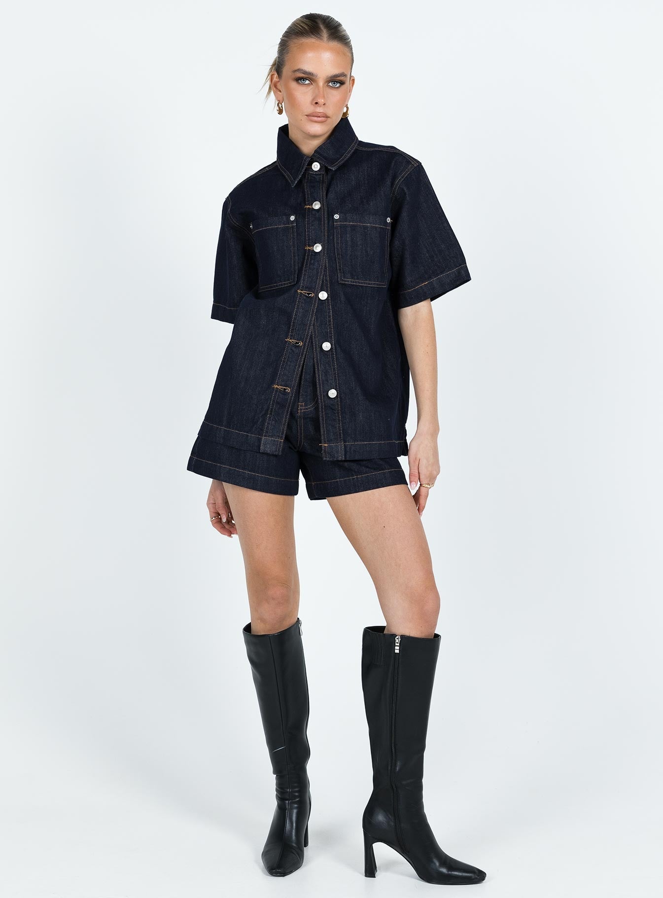 Whitaker Short Sleeve Shacket Dark Denim - women's shirt by Ellevoria - view 3