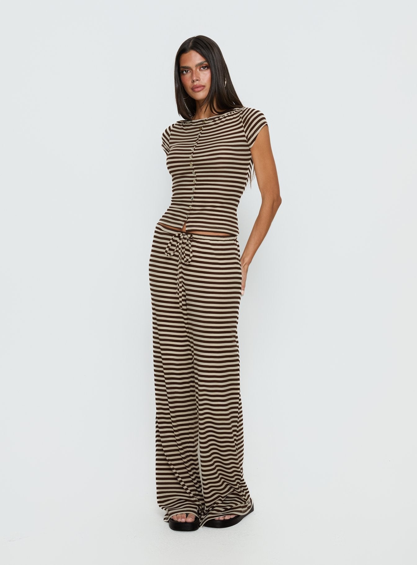 Gavrielle Jersey Wide Leg Pants Chocolate / Cream Stripe - loose fit women's bottoms by Ellevoria