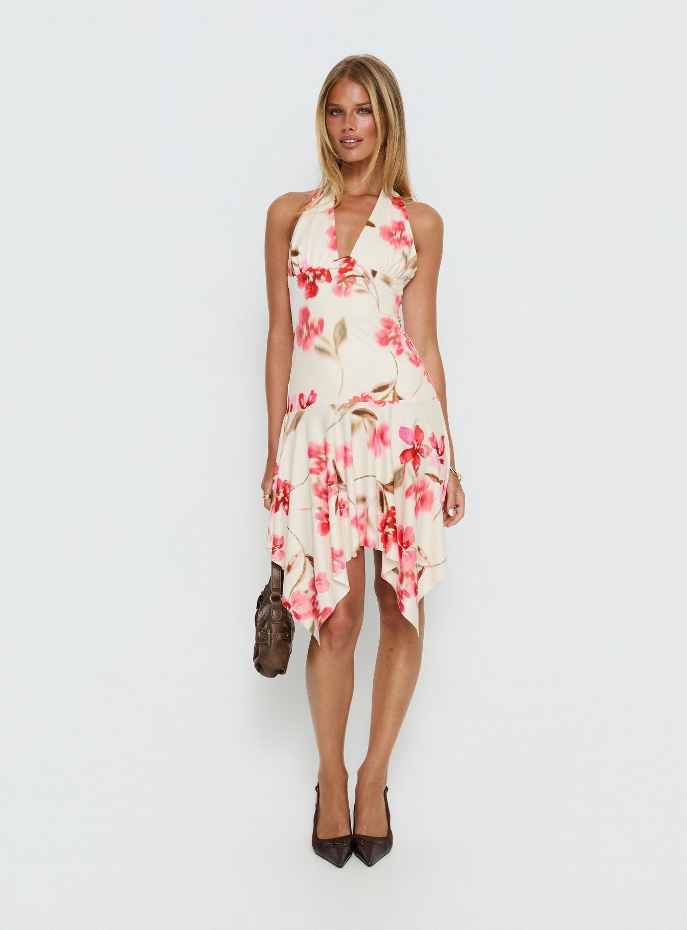 Loreza Halter Asymmetrical Midi Dress Cream Floral - women's midi dress by Ellevoria - view 3