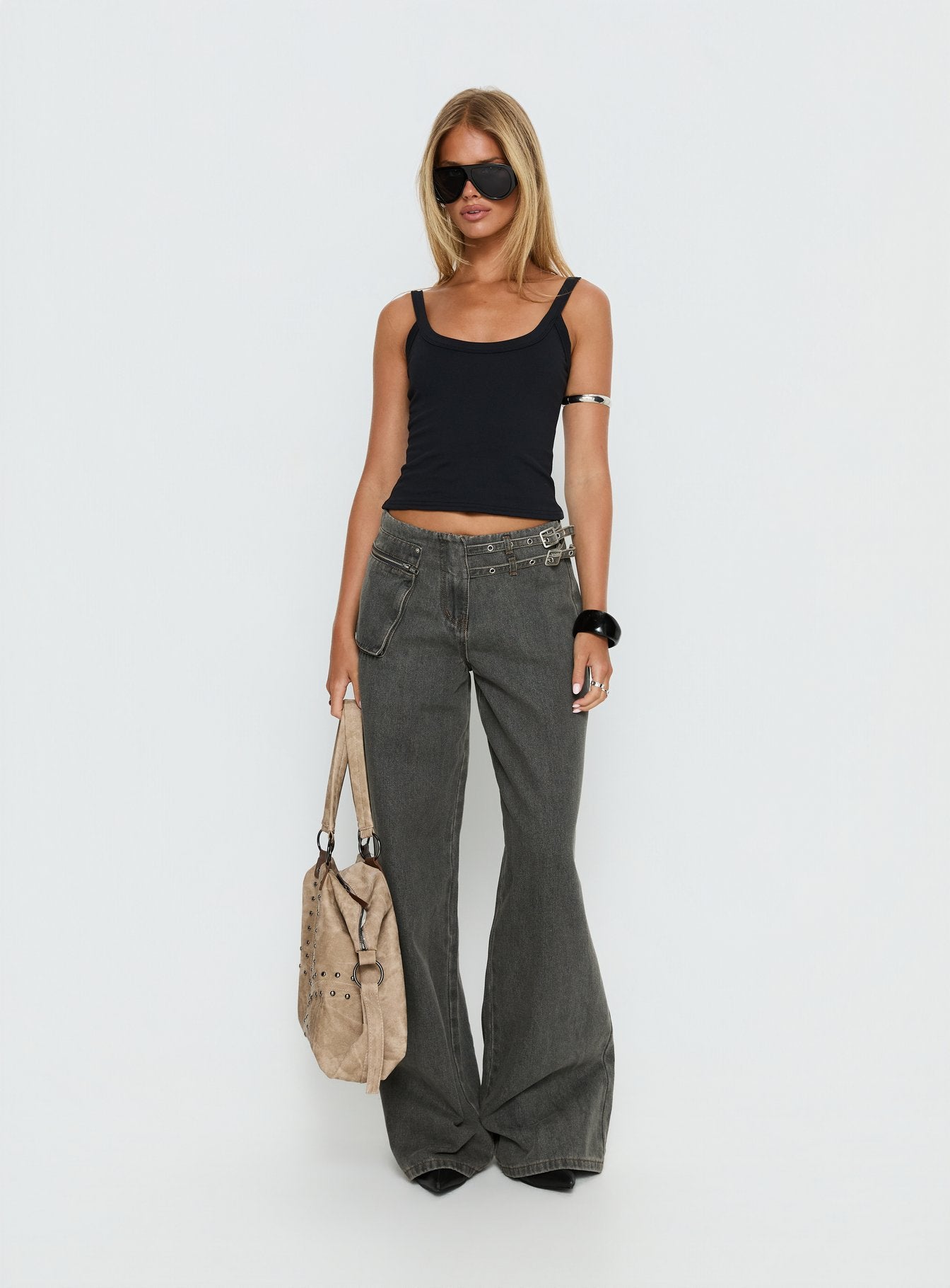 Paltrow Mid Rise Wide Leg Cargo Jeans Washed Grey women's denim jeans by Ellevoria