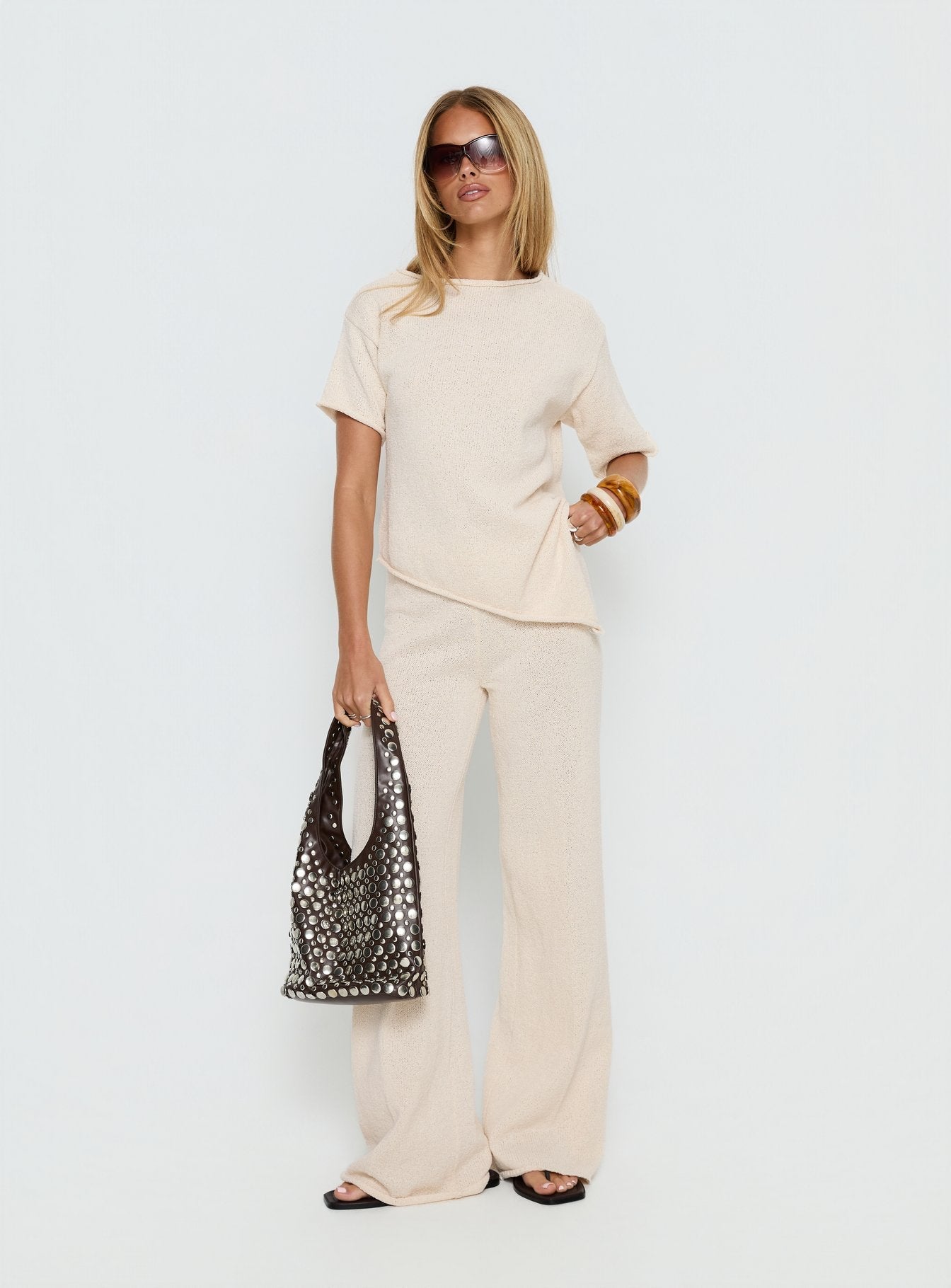 Calisse Knit Wide Leg Pants Beige women's pant set by Ellevoria