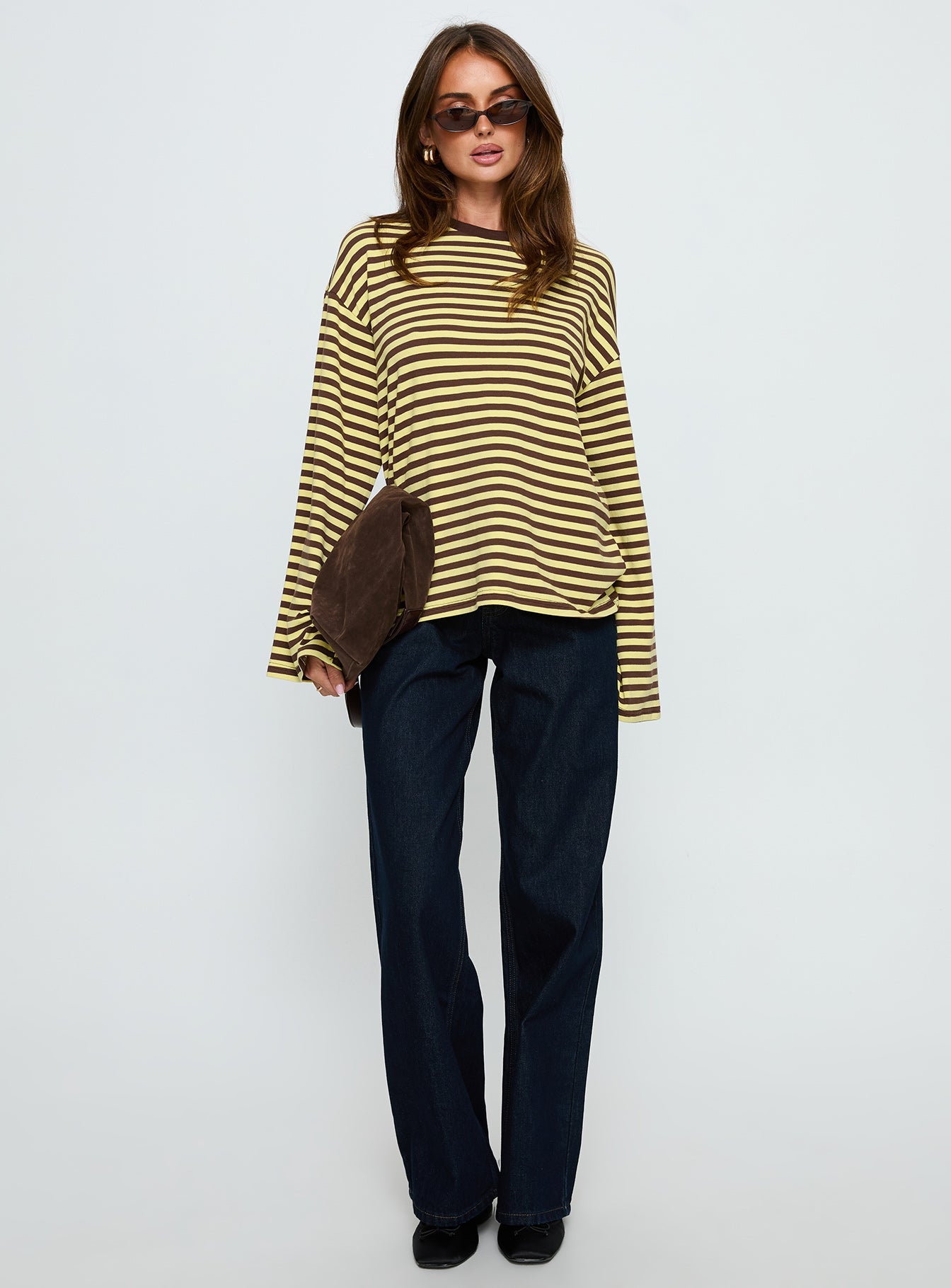 Settle Down Long Sleeve Top Yellow / Brown Stripe women's two piece set by Ellevoria