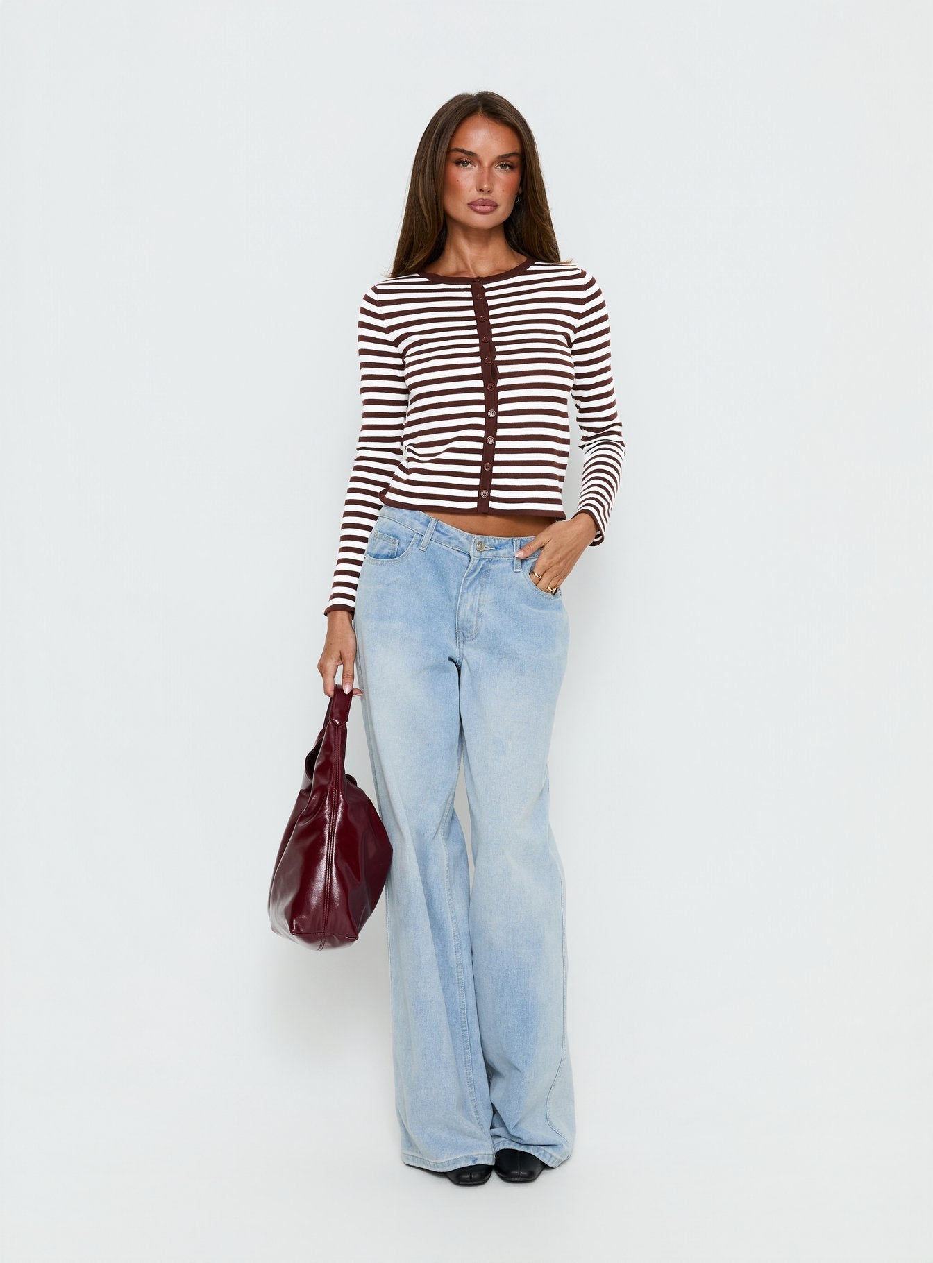 Elcie Button Up Cardigan Brown Stripe women's sweater by Ellevoria