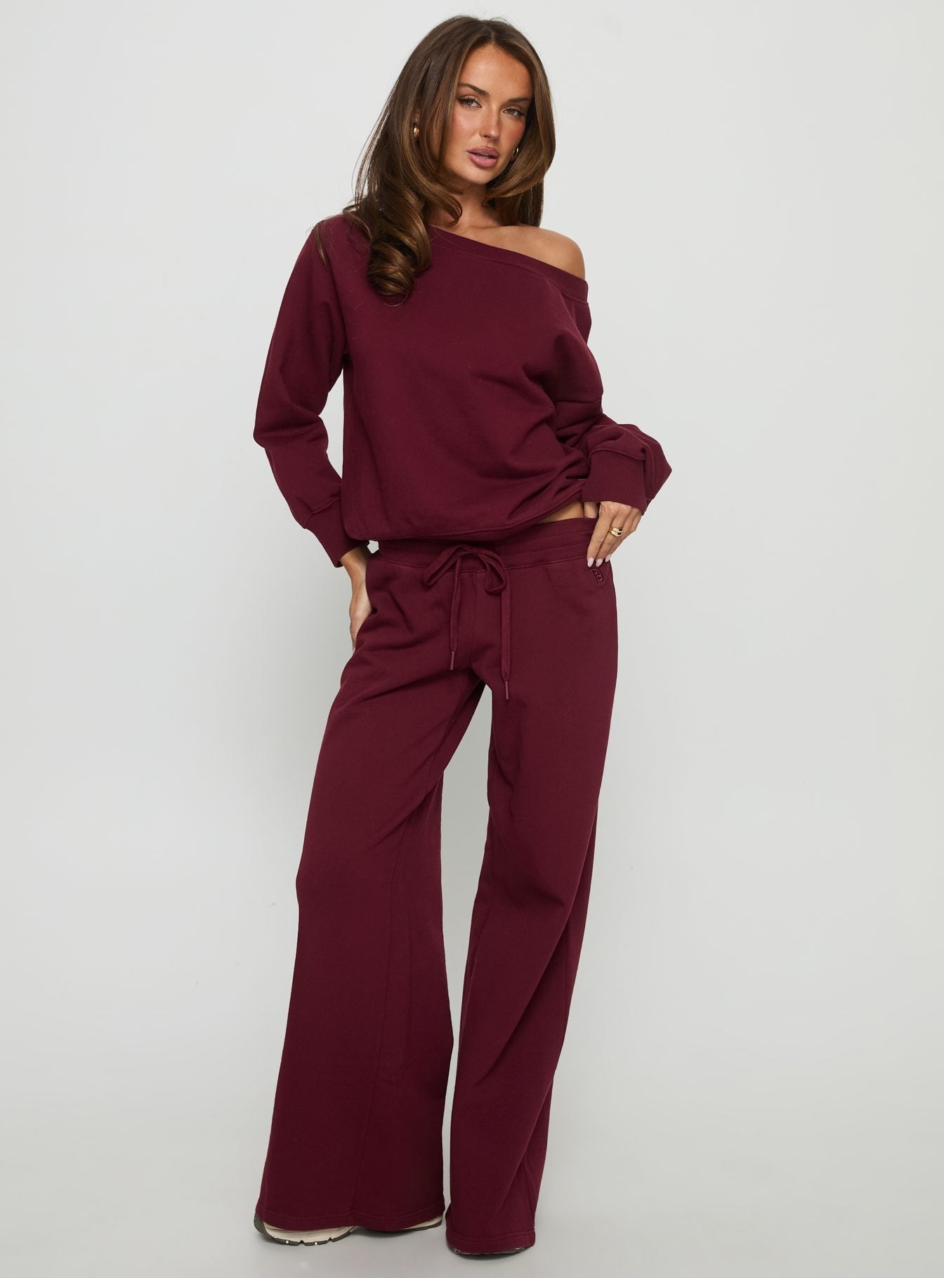 Wellness Off the Shoulder Jumper Currant women's sweater by Ellevoria