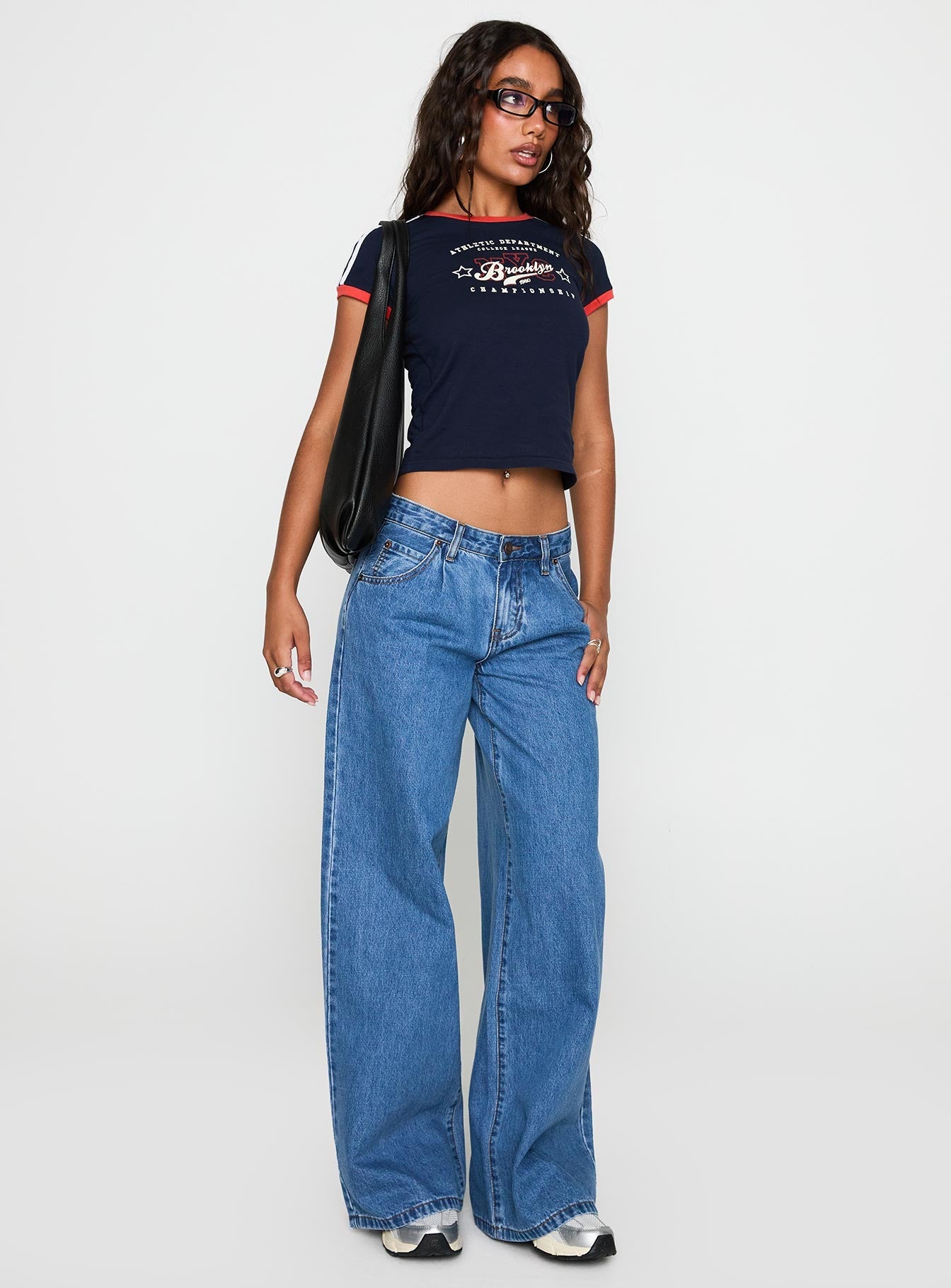 Supercut Low Rise Baggy Pleat Jeans Mid Blue women's denim jeans by Ellevoria