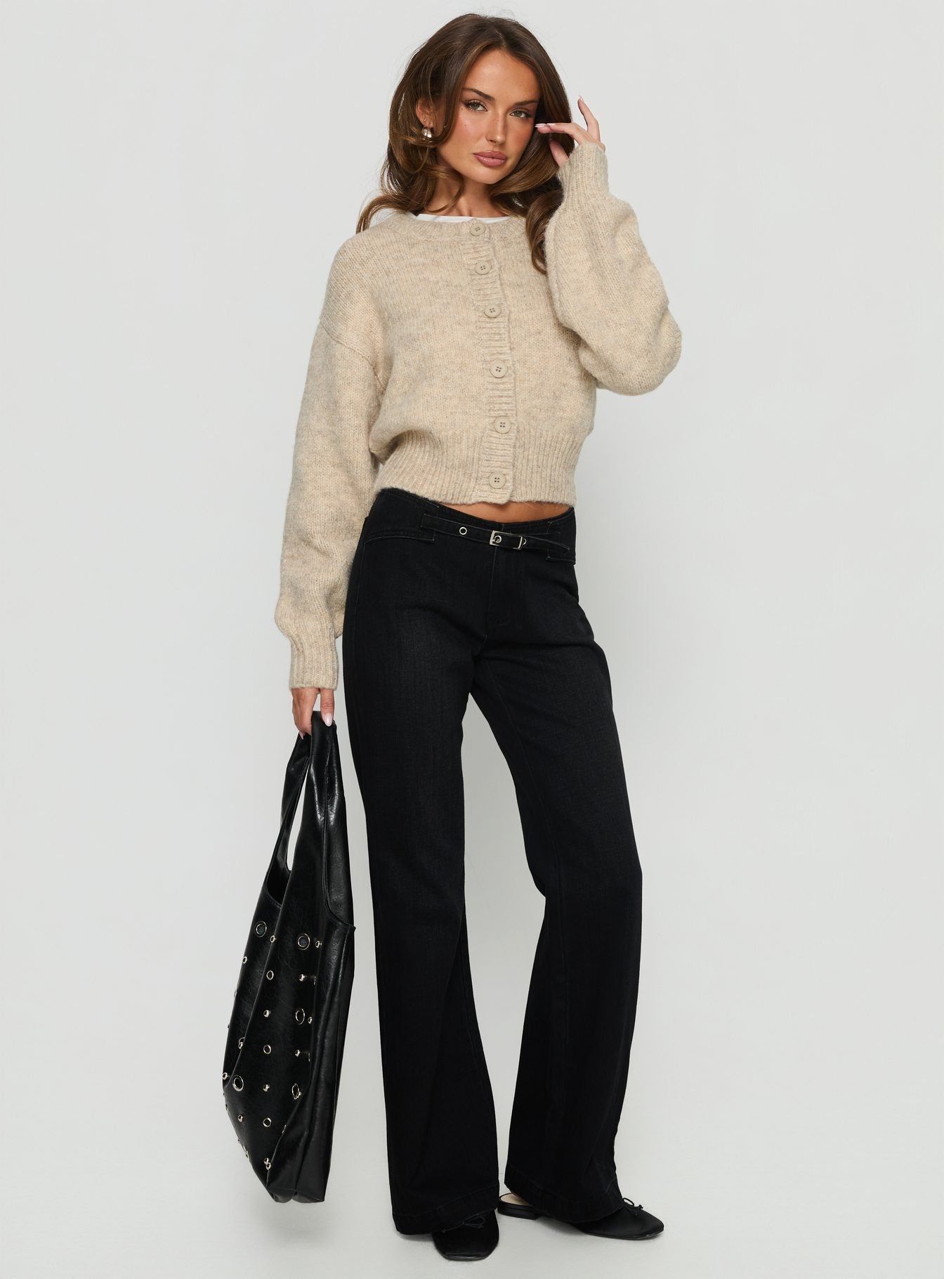 Slow Ride Mid Rise Bootleg Belted Jeans Washed Black women's denim jeans by Ellevoria