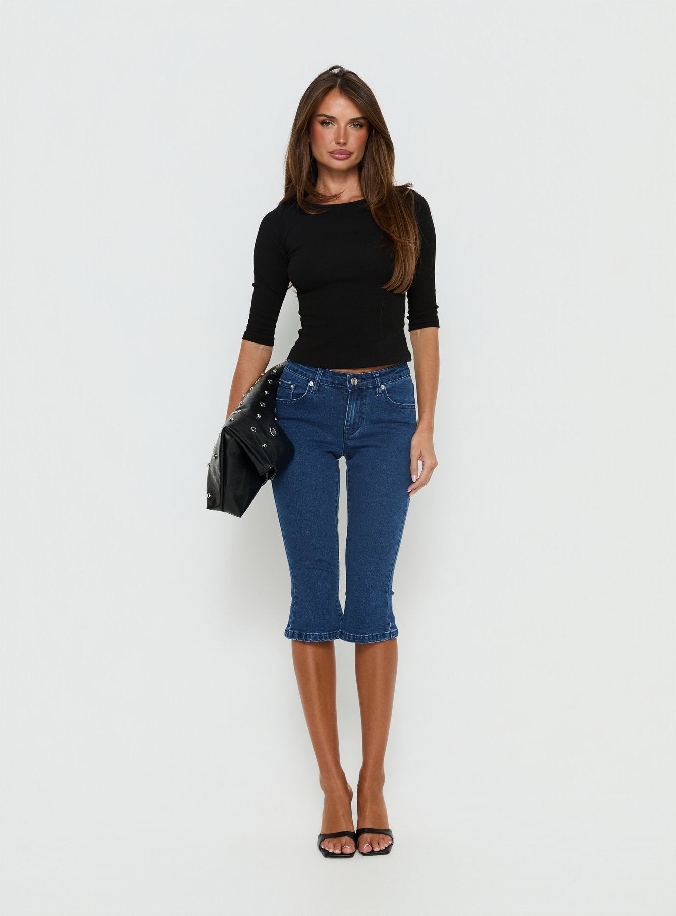 Kissimo Kick Flare Capri Pants Indigo Blue women's denim jeans by Ellevoria