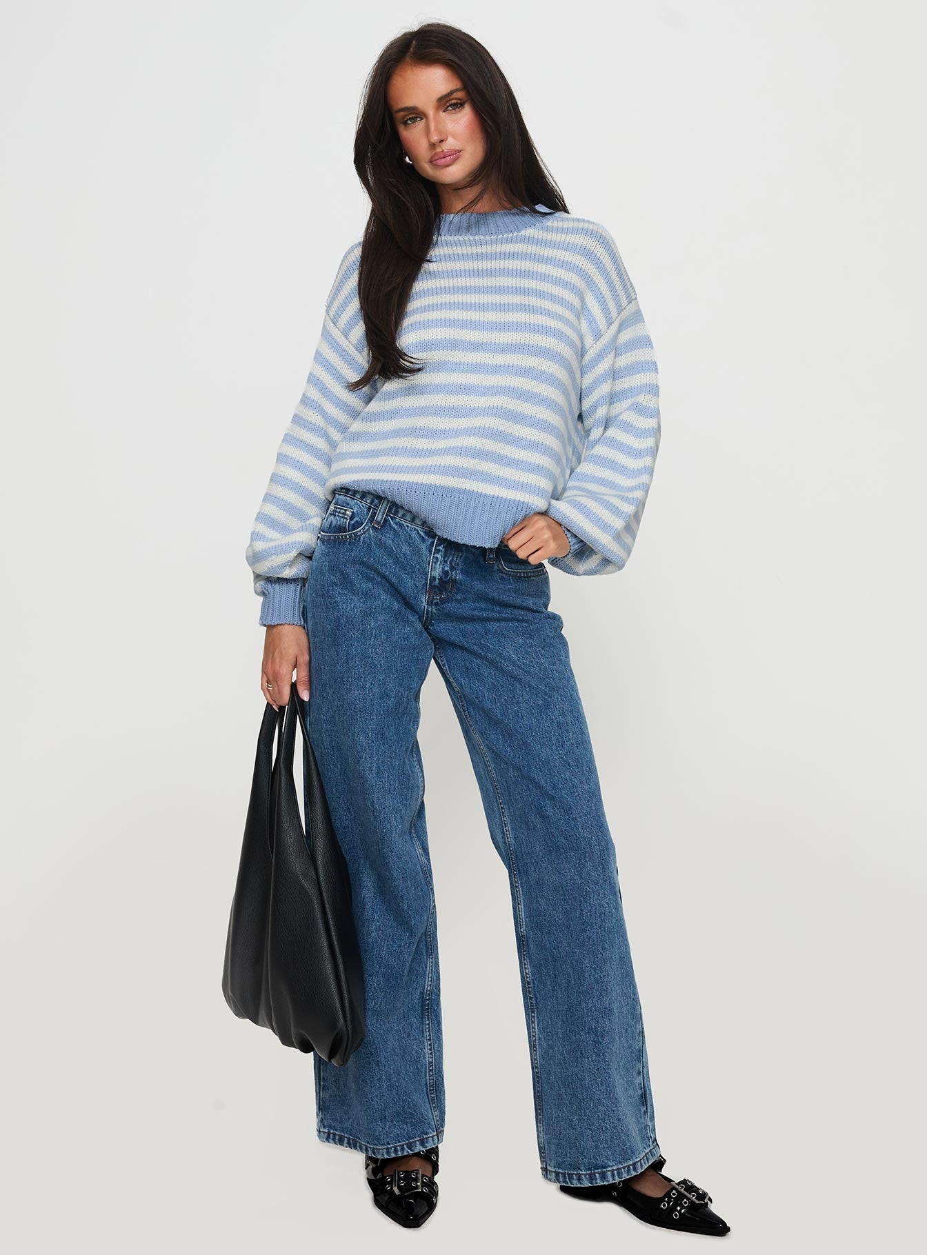 Harmony Balloon Sleeve Knit Sweater Blue / White Stripe women's sweater by Ellevoria