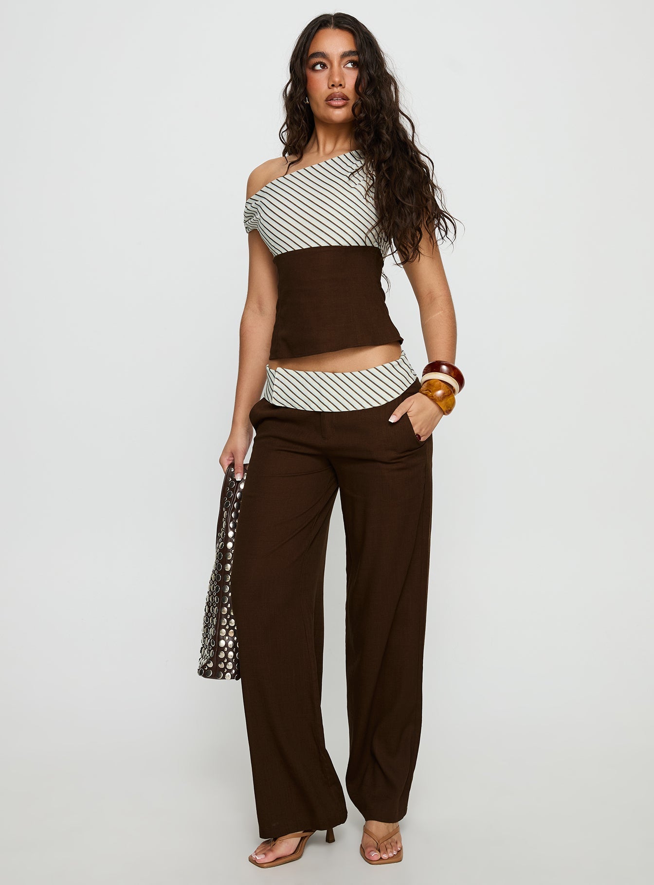 Past Life One Shoulder Top Brown / Stripe women's two piece set by Ellevoria