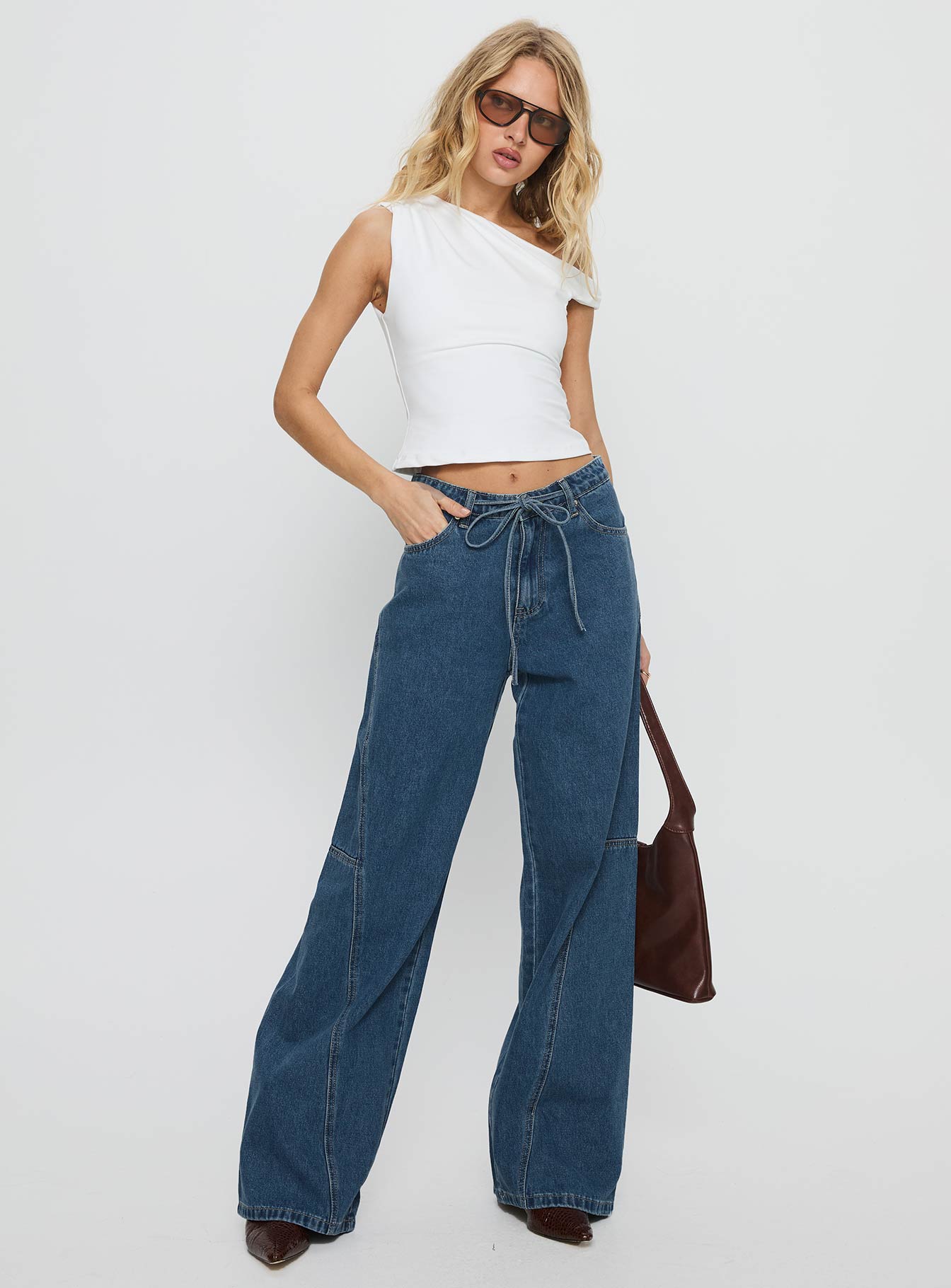 Bruiser Tie Waist Mid Rise Wide Leg Jeans Mid Blue Wash women's denim jeans by Ellevoria