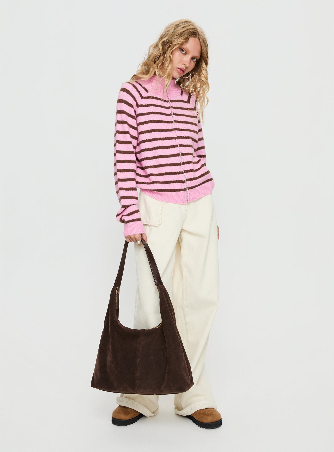 Kaylei Zip Through Cardigan Pink Stripe women's sweater by Ellevoria