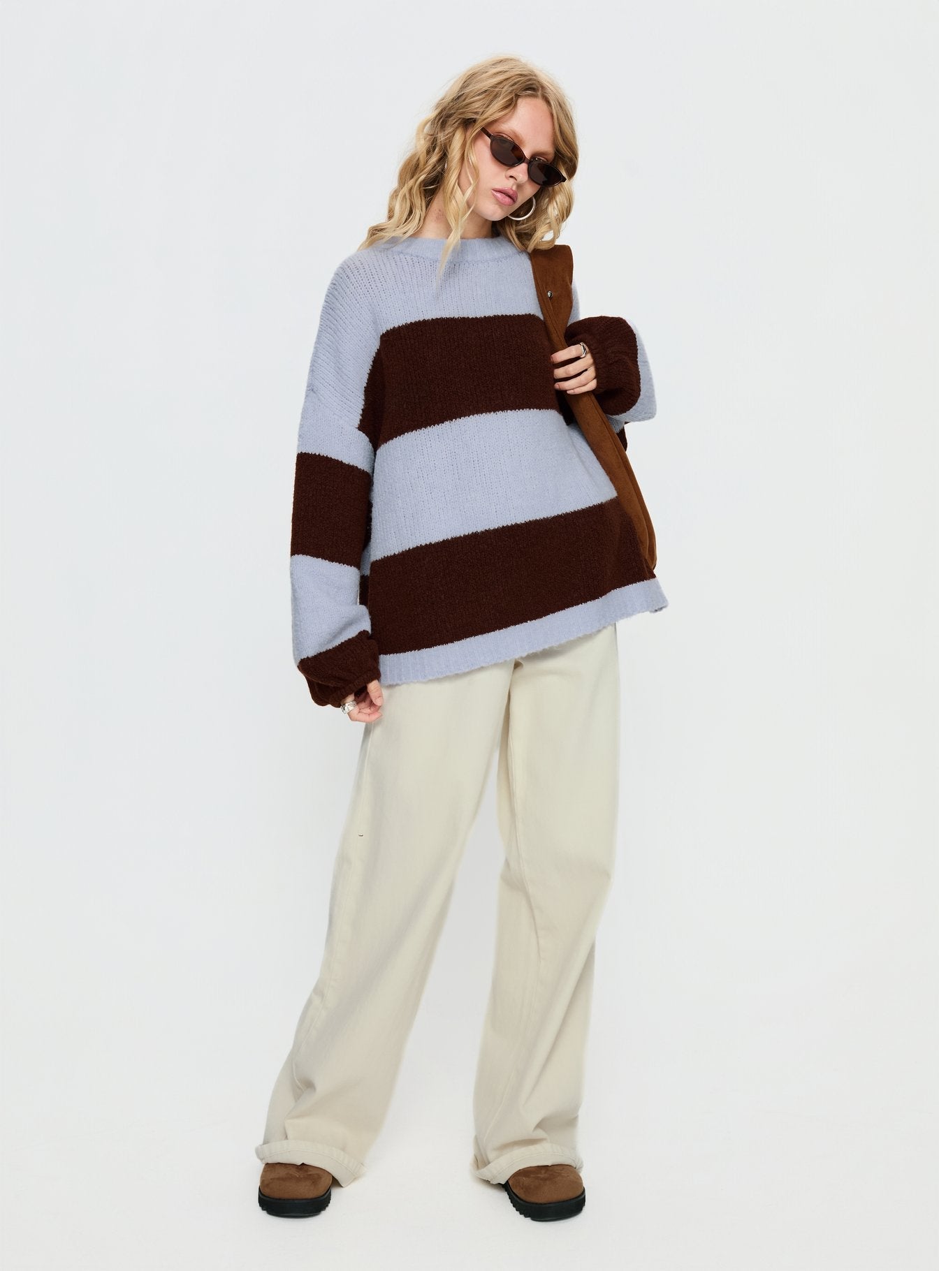 Bastien Crew Neck Knit Sweater Blue / Chocolate Stripe women's sweater by Ellevoria