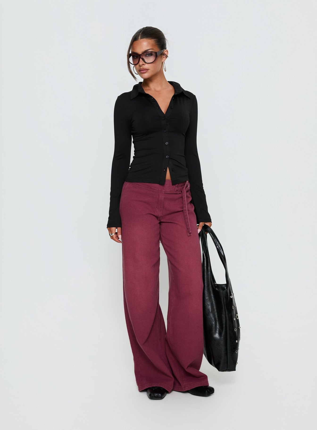 Boxie Mid Rise Wide Leg Jeans Washed Burgundy women's denim jeans by Ellevoria