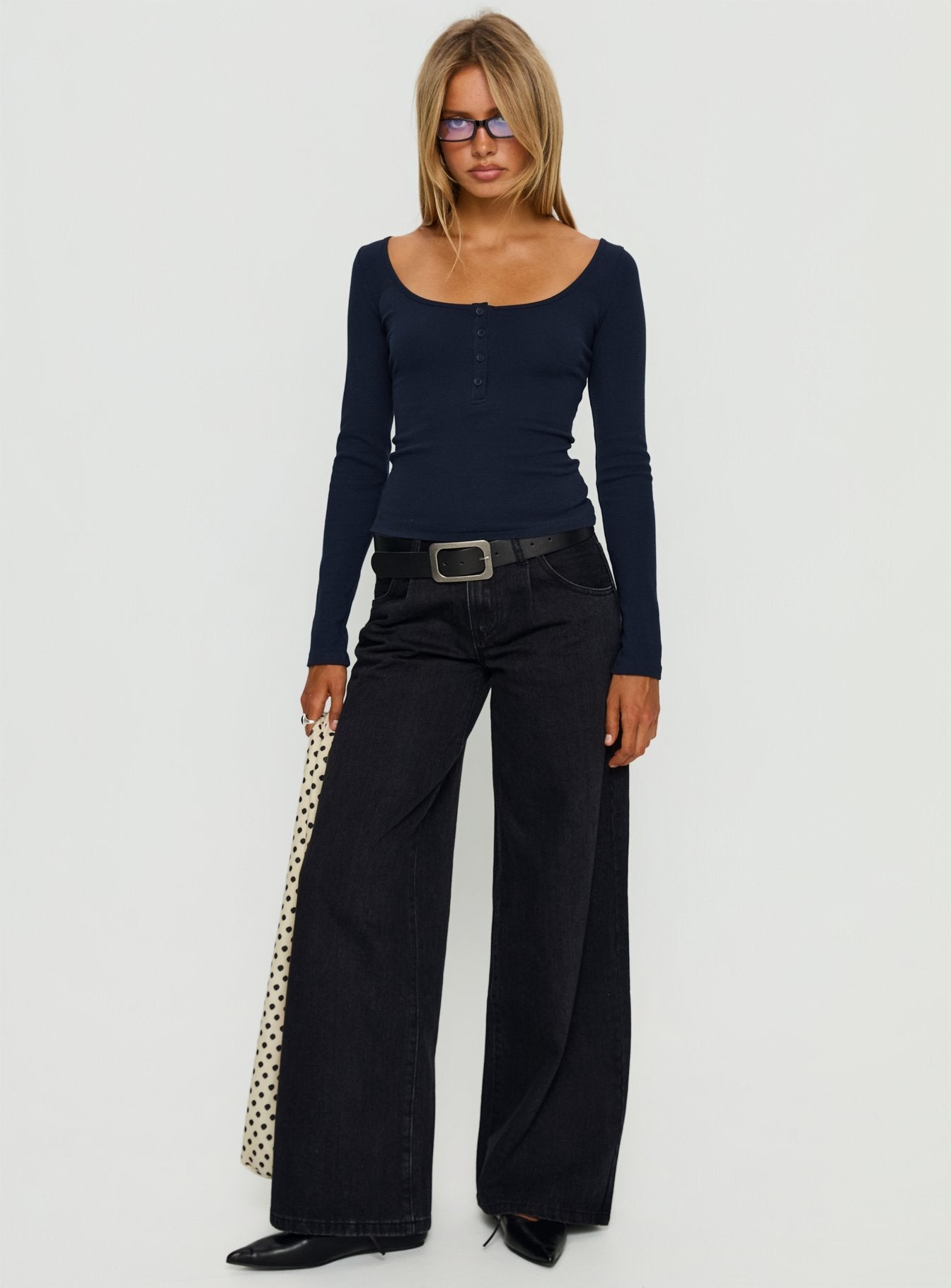 Supercut Low Rise Baggy Pleat Jeans Washed Black women's denim jeans by Ellevoria