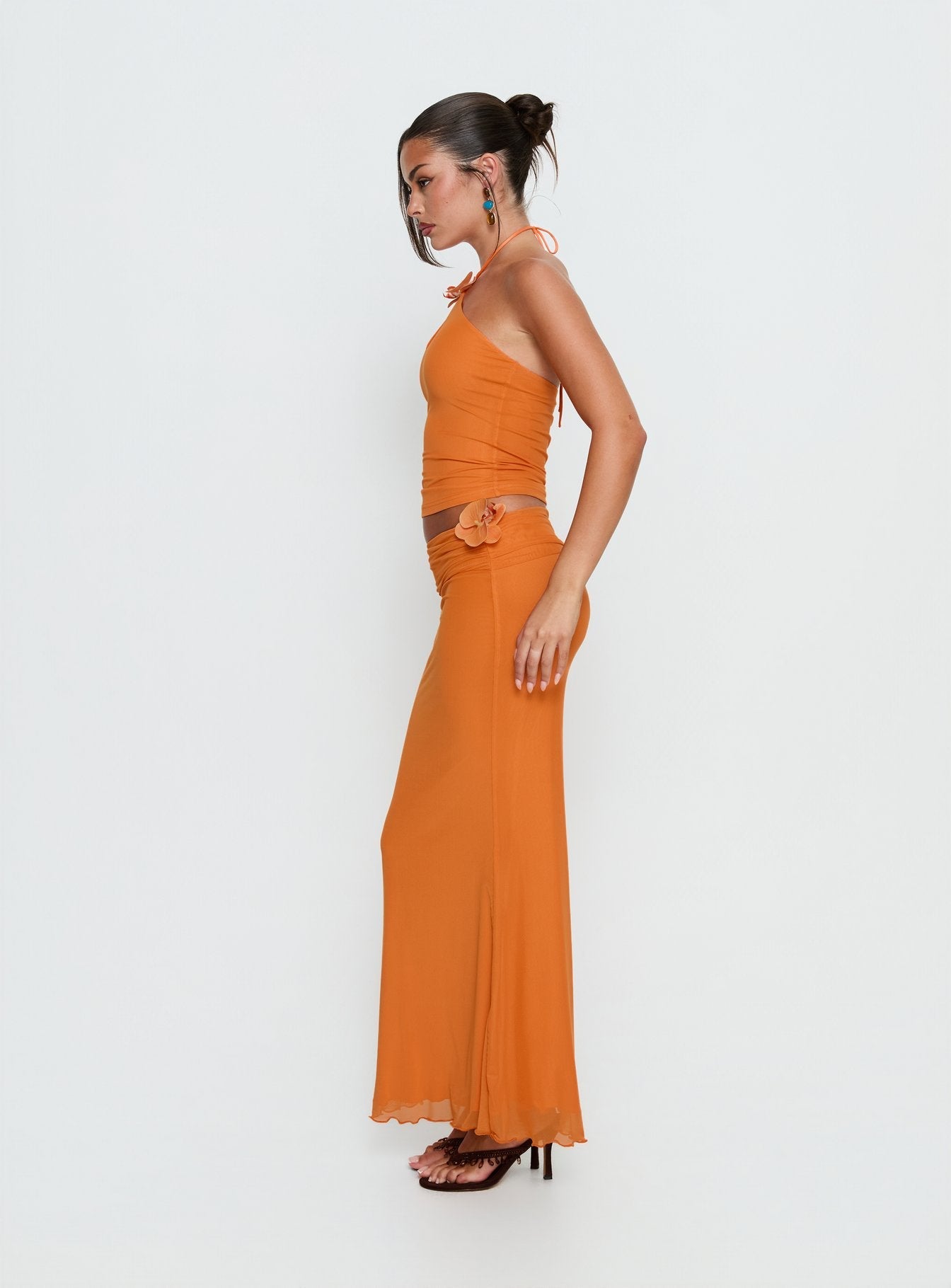 Star Fruit Ruched Waist Maxi Skirt Orange women's two piece set by Ellevoria