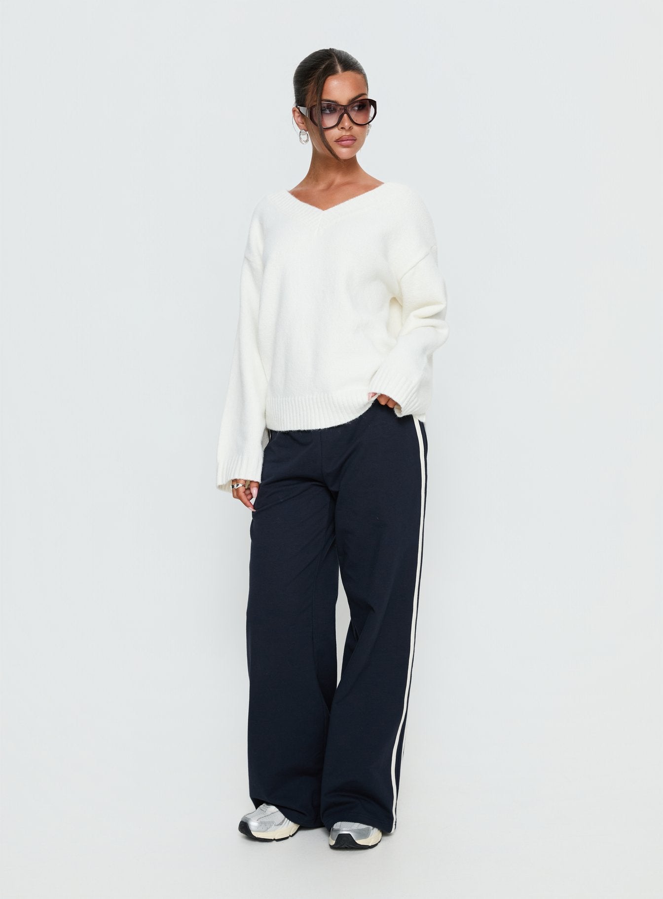 Kaileigh V Neck Knit Sweater Cream women's sweater by Ellevoria