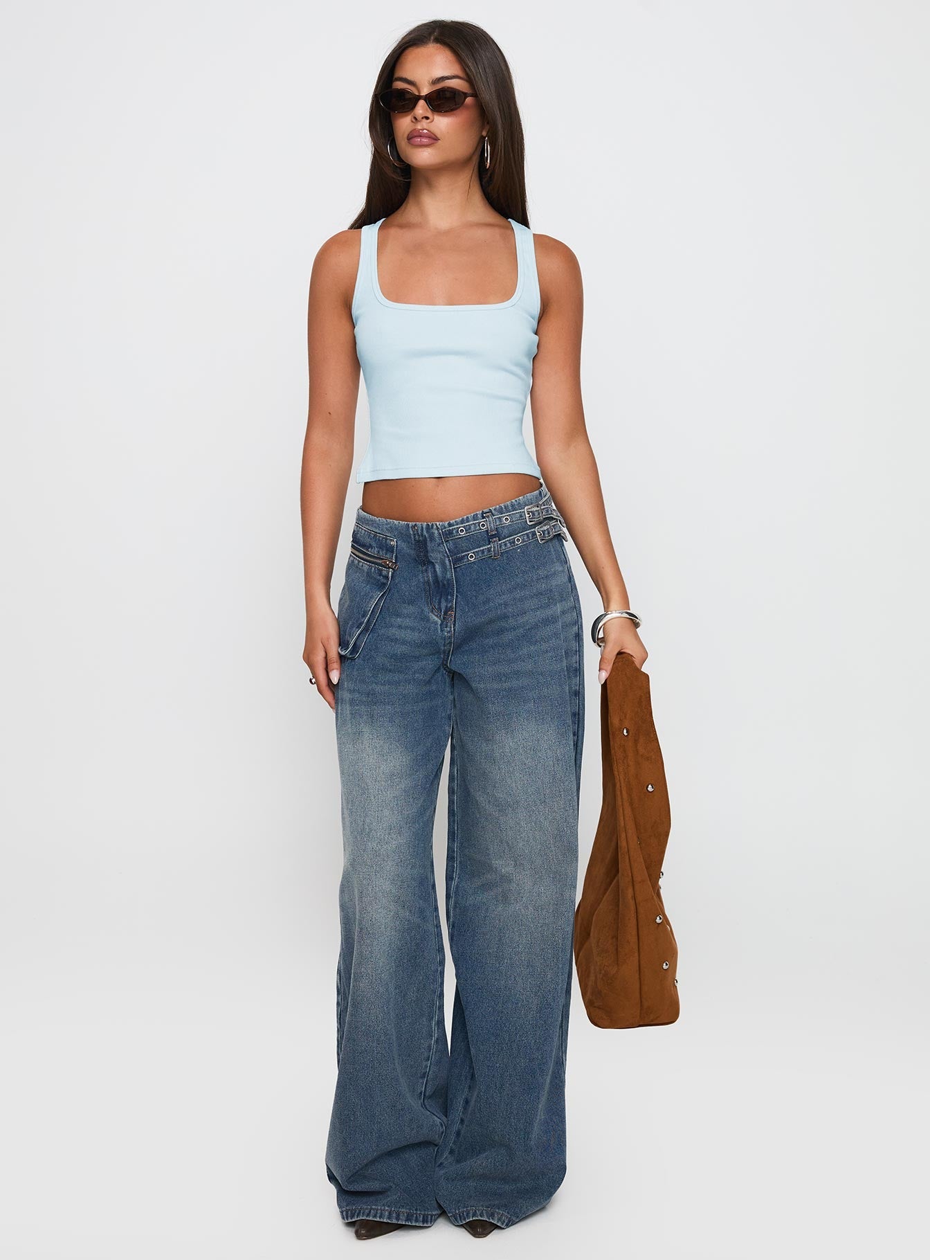 Paltrow Mid Rise Wide Leg Cargo Jeans Mid Blue Wash women's denim jeans by Ellevoria