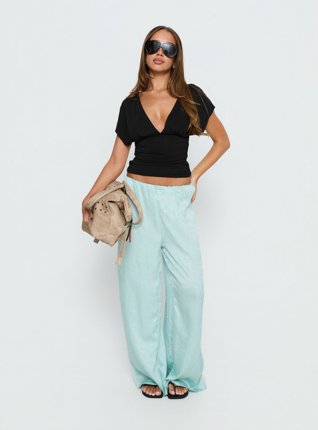 Salona Satin Straight Leg Pants Jelly Mint - loose fit women's bottoms by Ellevoria