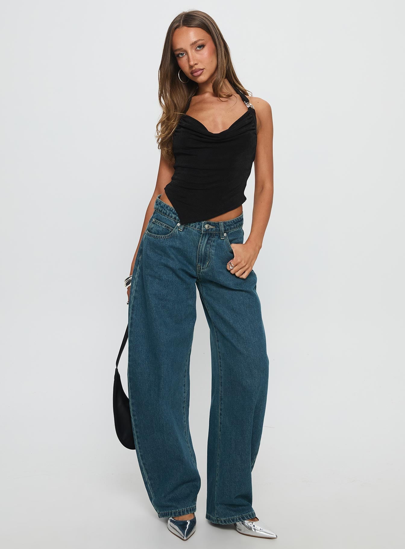 Juda Mid Rise Barrel Leg Jeans Mid Blue Wash women's denim jeans by Ellevoria