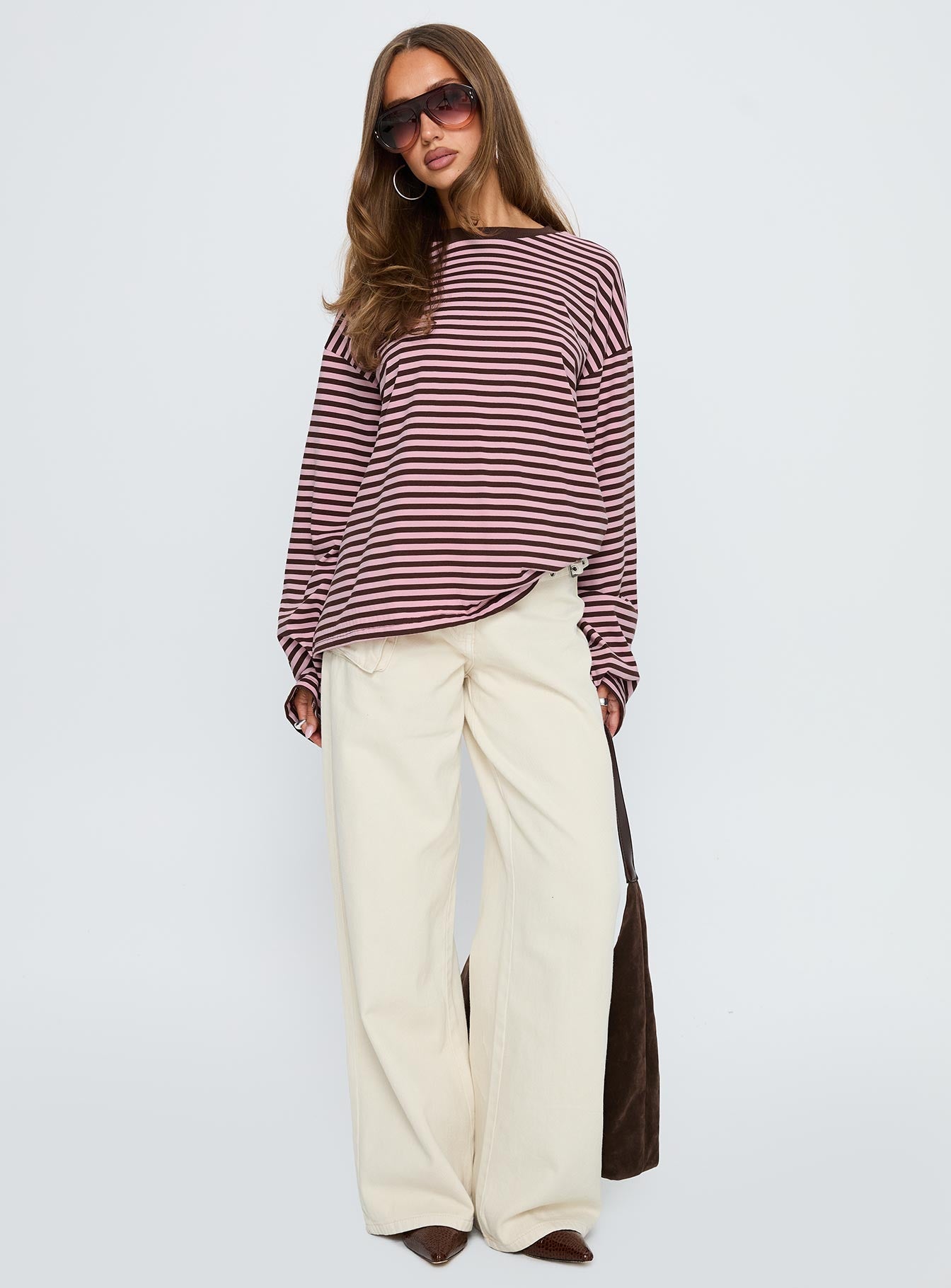 Settle Down Long Sleeve Top Pink / Brown Stripe women's two piece set by Ellevoria
