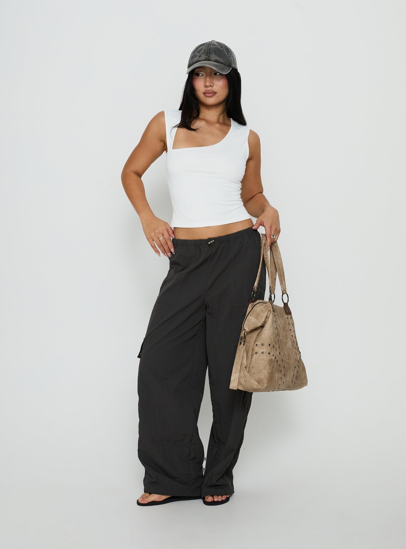 Lost On You Parachute Cargo Pants Charcoal - loose fit women's bottoms by Ellevoria