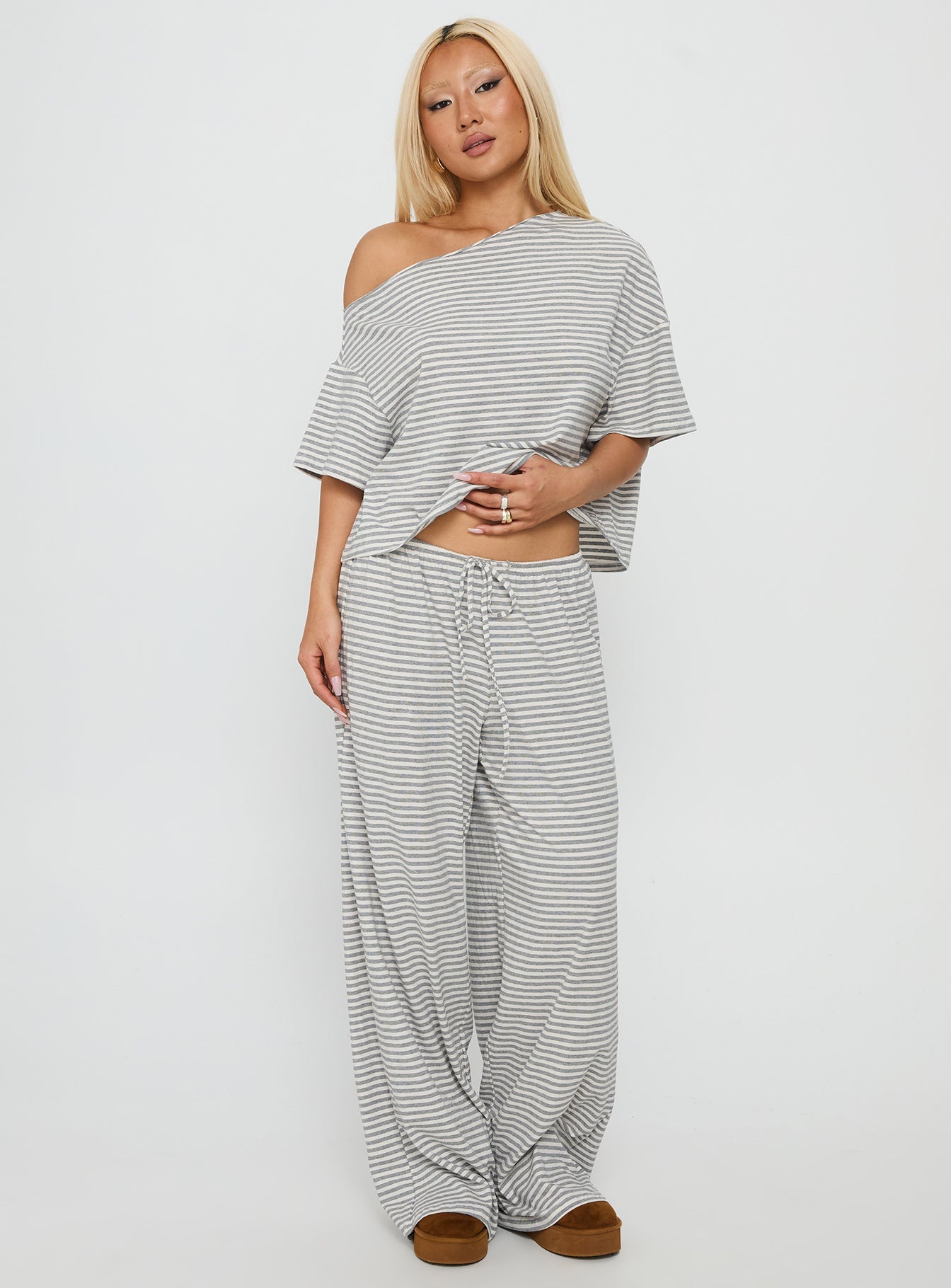 Tobie Off Shoulder Sleep Set Grey Stripe women's two piece set by Ellevoria